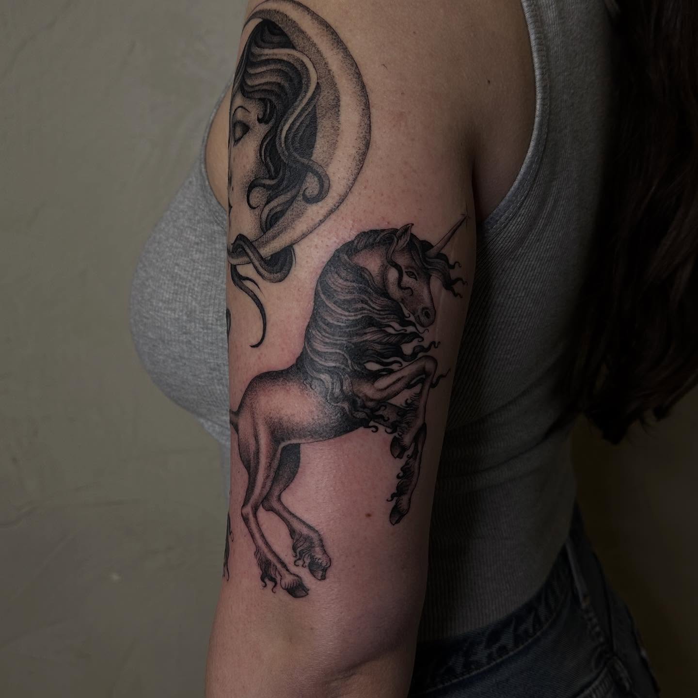 Unicorn realism tattoo on the forearm by 𝖍𝖆𝖓𝖓𝖆𝖍