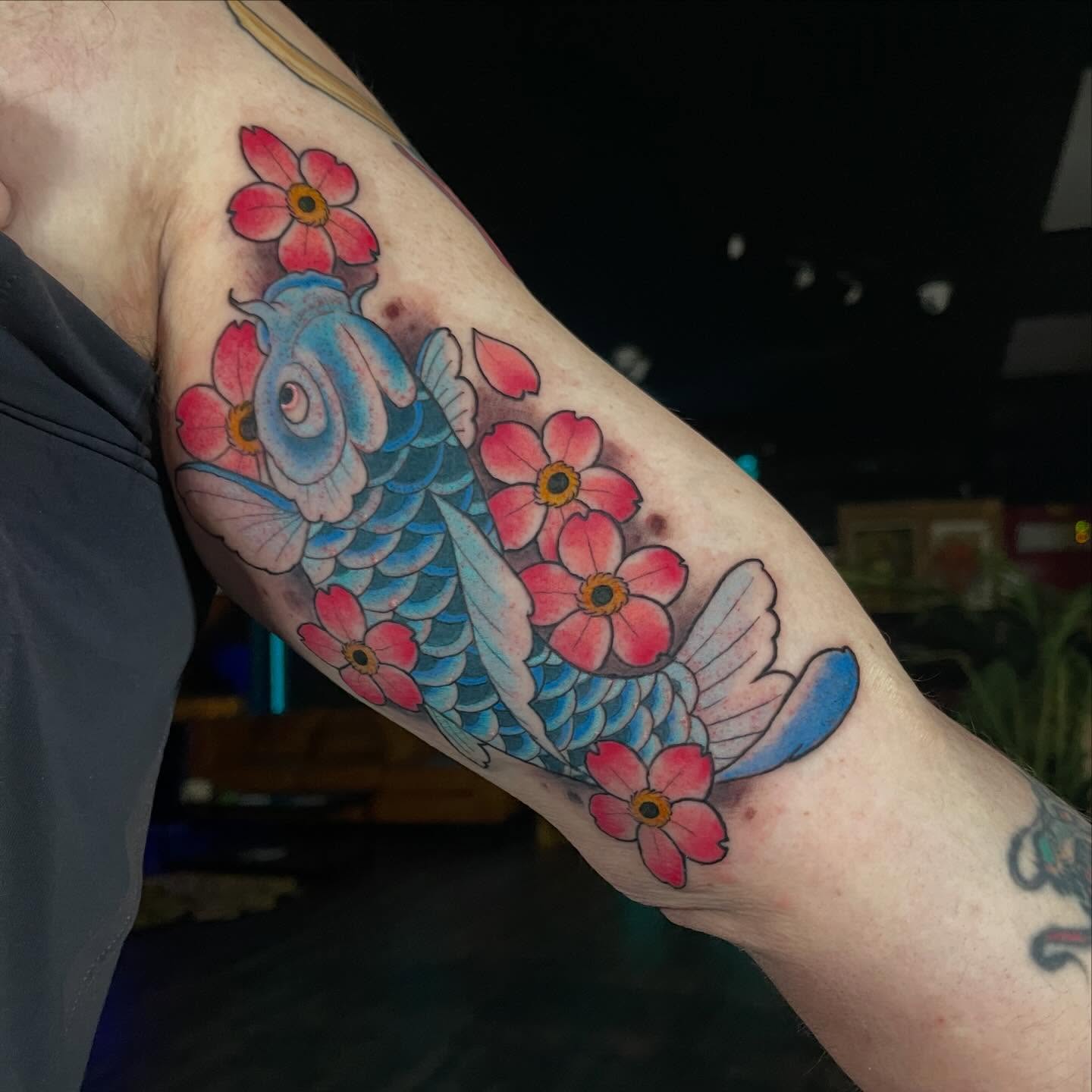 Koi fish and flowers japanese irezumi tattoo on the forearm by ✨𝕄𝕚𝕜𝕖 𝕆’𝔽𝕒𝕣𝕣𝕖𝕝𝕝✨, Denver, Colorado