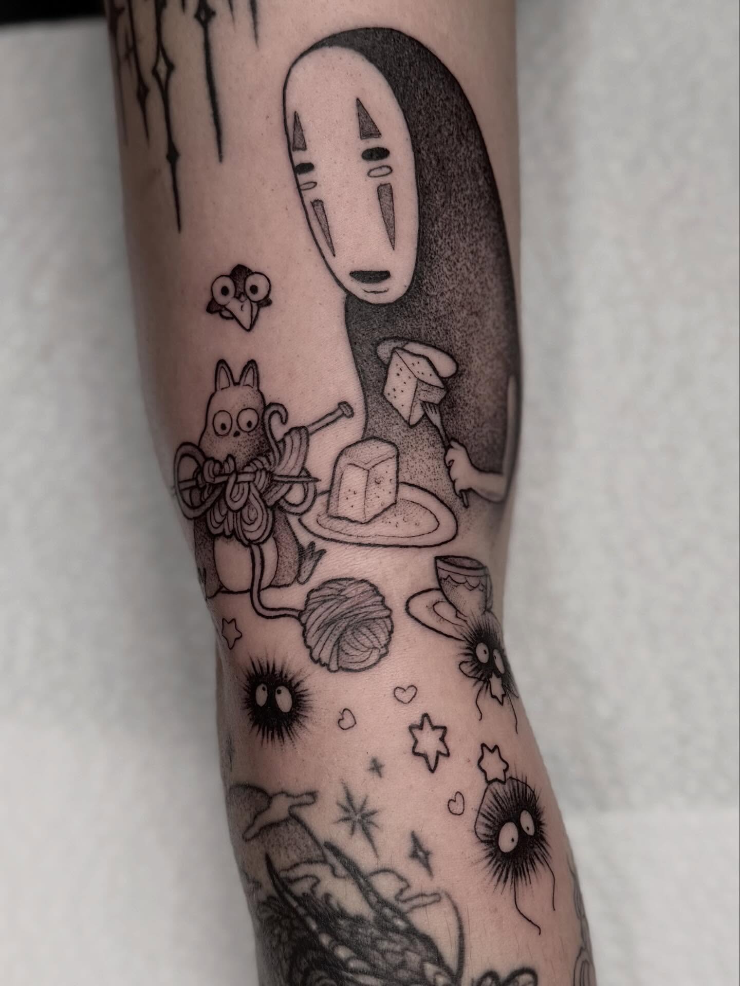 No face character dotwork tattoo on the forearm by Cincinnati