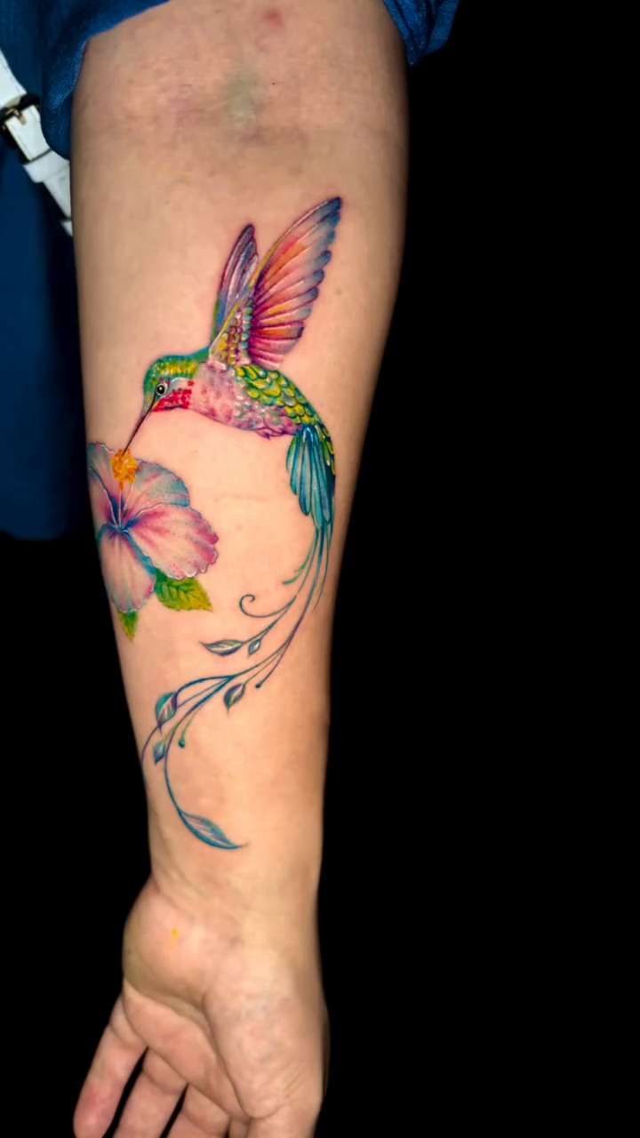 Hummingbird and flower fine line tattoo by ☆ LULU ☆ Licence No. 108595