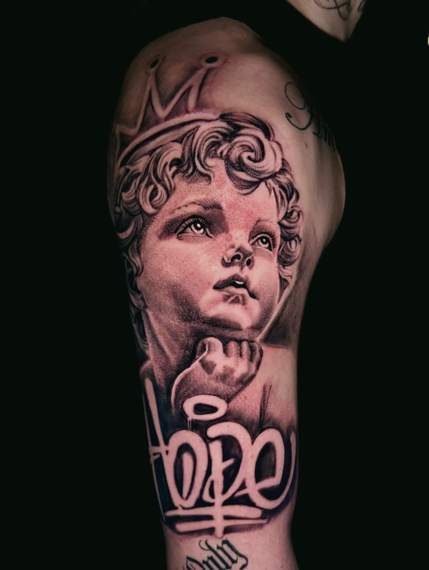 Child's head realism tattoo on the forearm by ☆ LULU ☆ Licence No. 108595