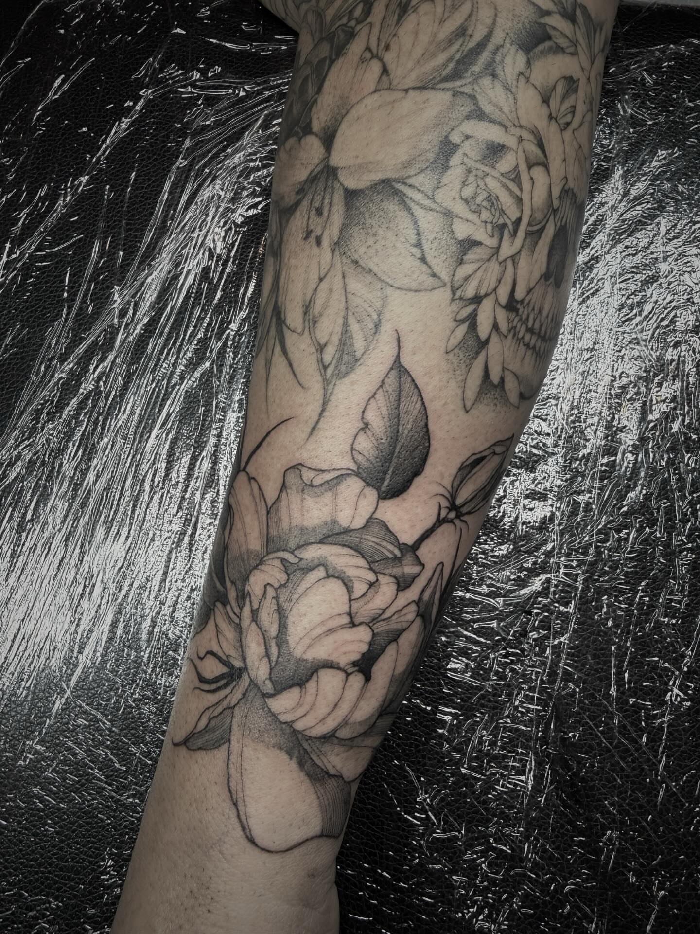 Floral arrangement black and grey tattoo on the forearm by π· C a t B l a c k π·οΈ