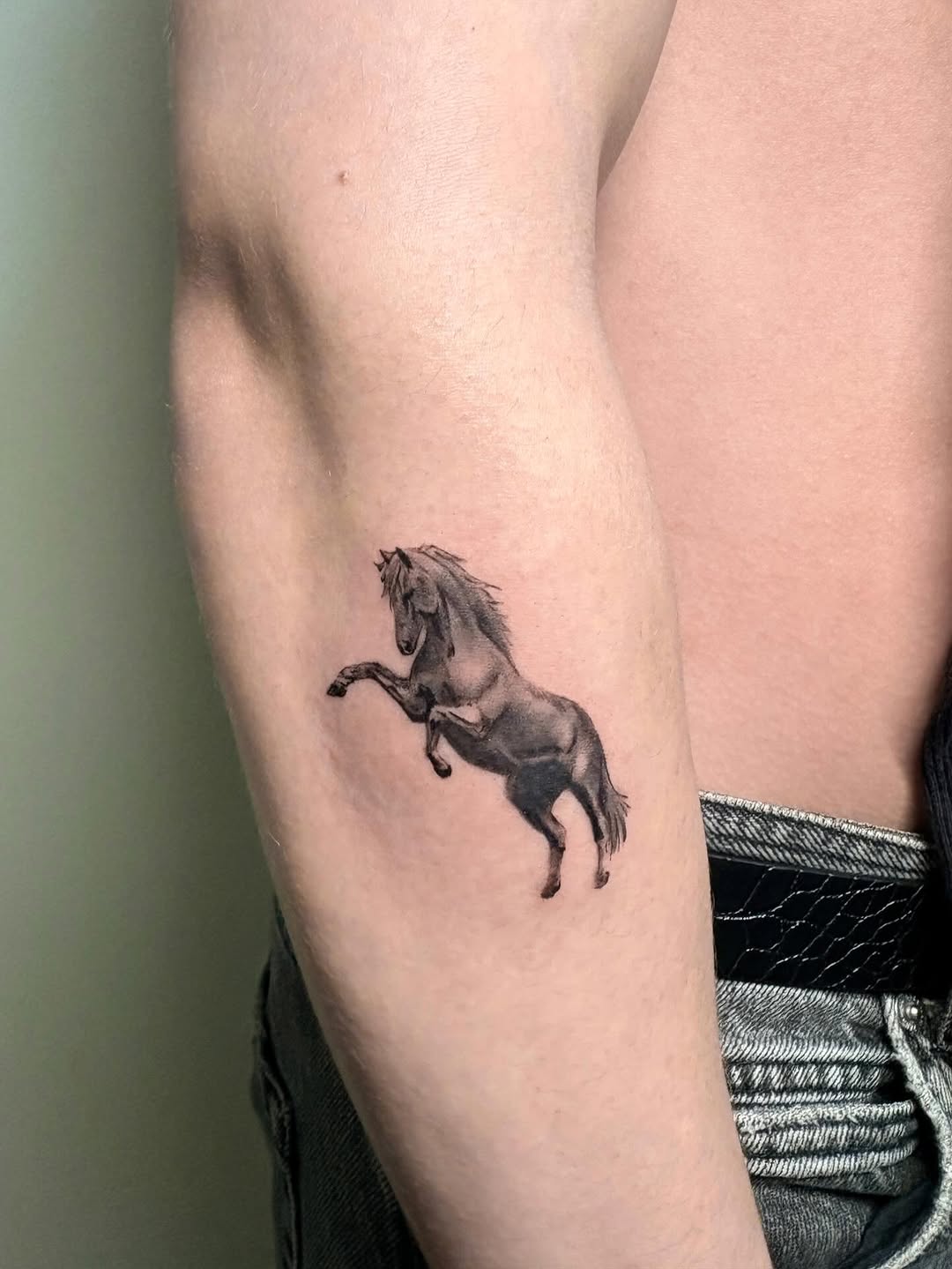 Rearing horse fine line tattoo on the forearm by Jinz