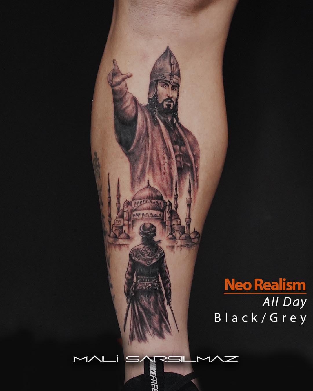 Historical figure and mosque black and grey tattoo on the forearm by Mali Sarsılmaz, Nicosia, Cyprus