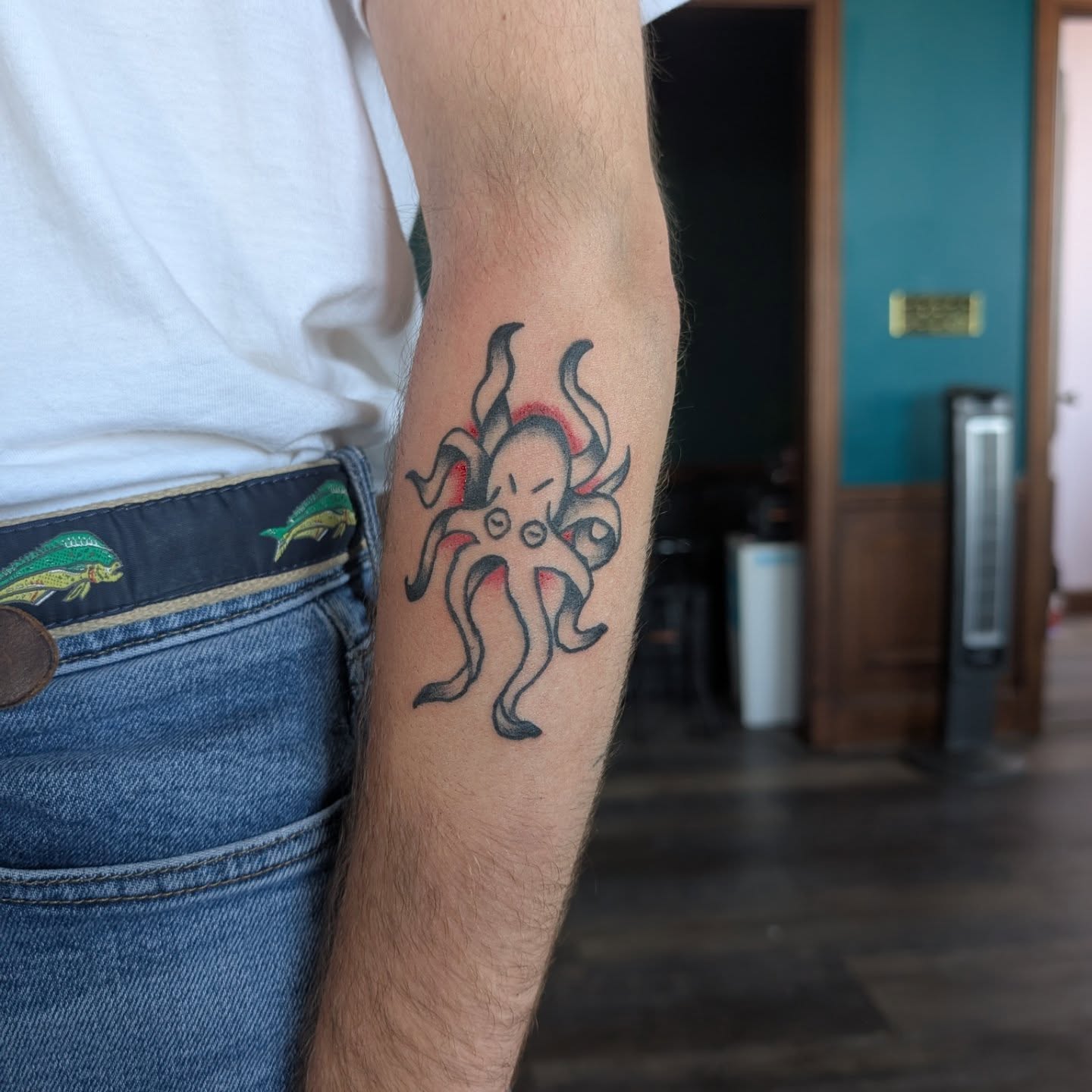 Octopus American traditional tattoo on the forearm by Jon Sedor
