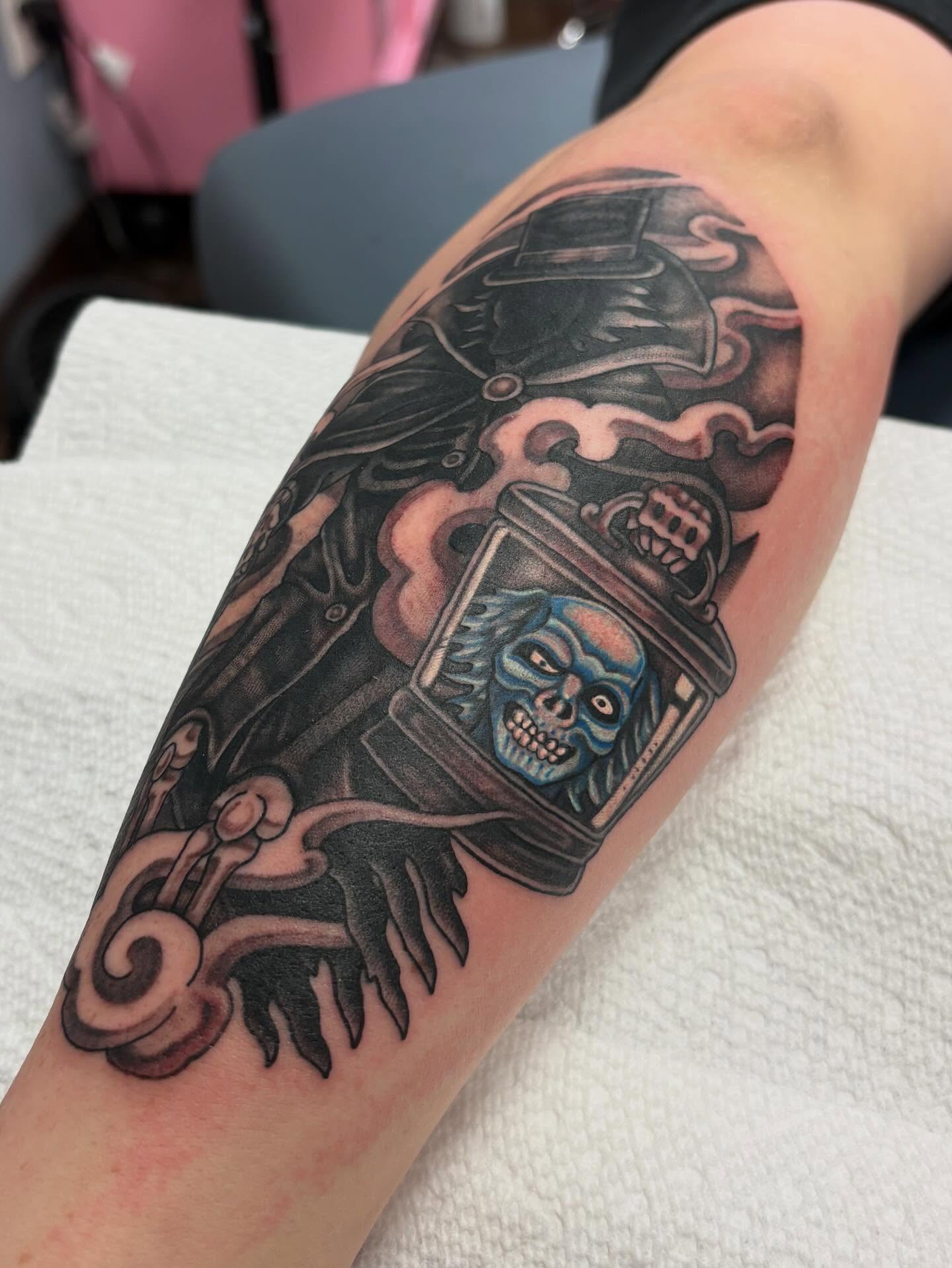 Steam-punk ghost with skull American traditional tattoo on the forearm by Jakob Ristau, Kansas City, Missouri