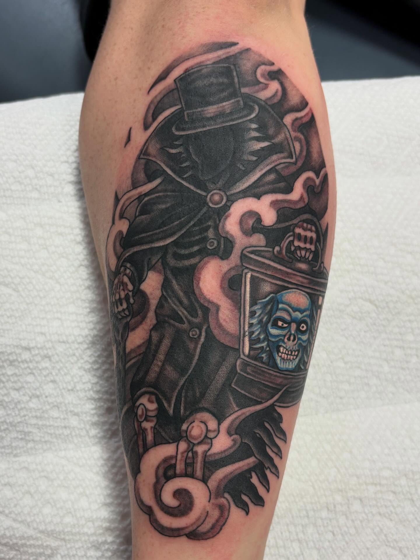 Steam-punk skeleton American traditional tattoo on the forearm by Jakob Ristau, Kansas City, Missouri