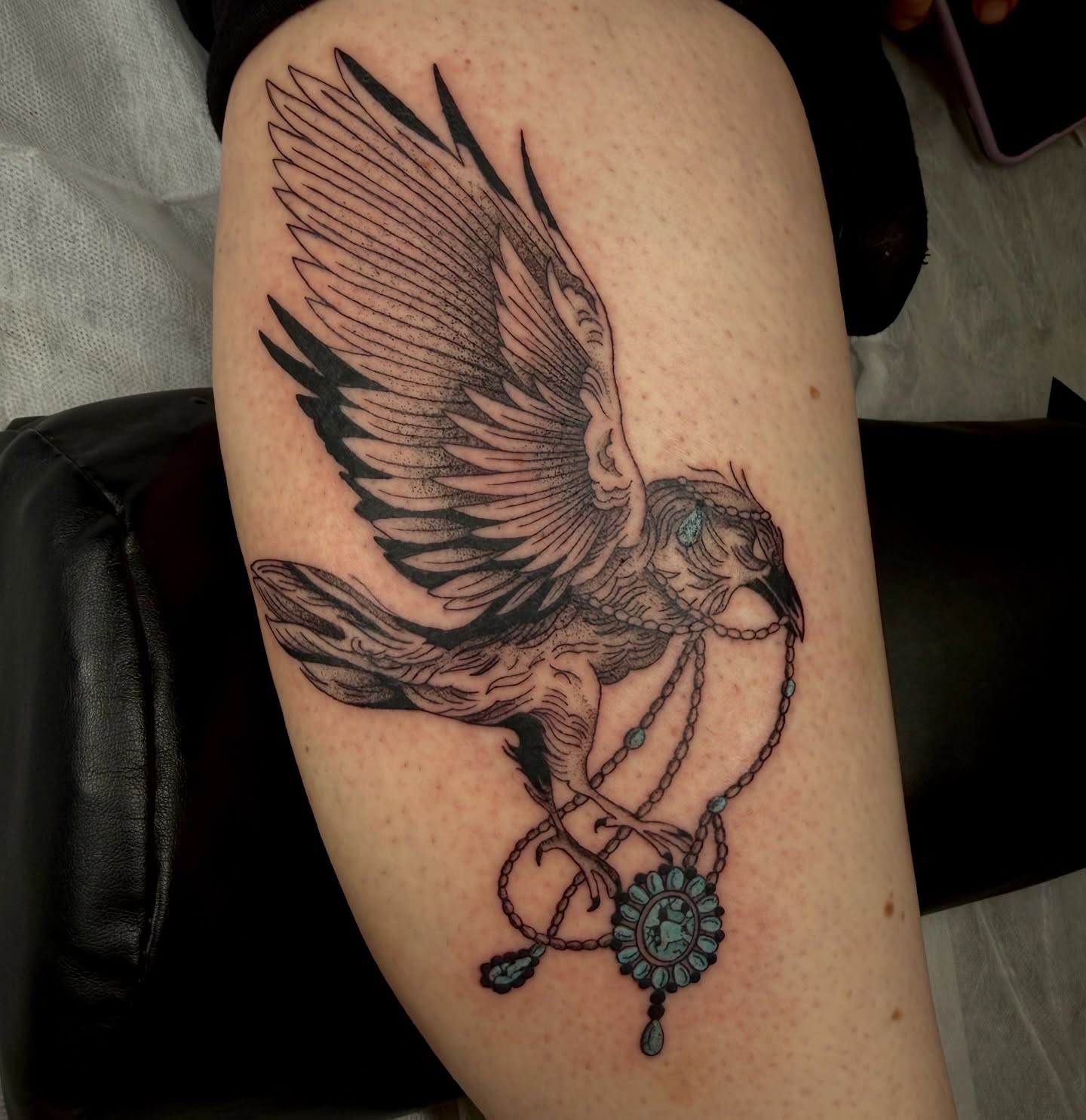 Crow dotwork tattoo on the thigh by Ki ☆ SLC TATTOO ARTIST