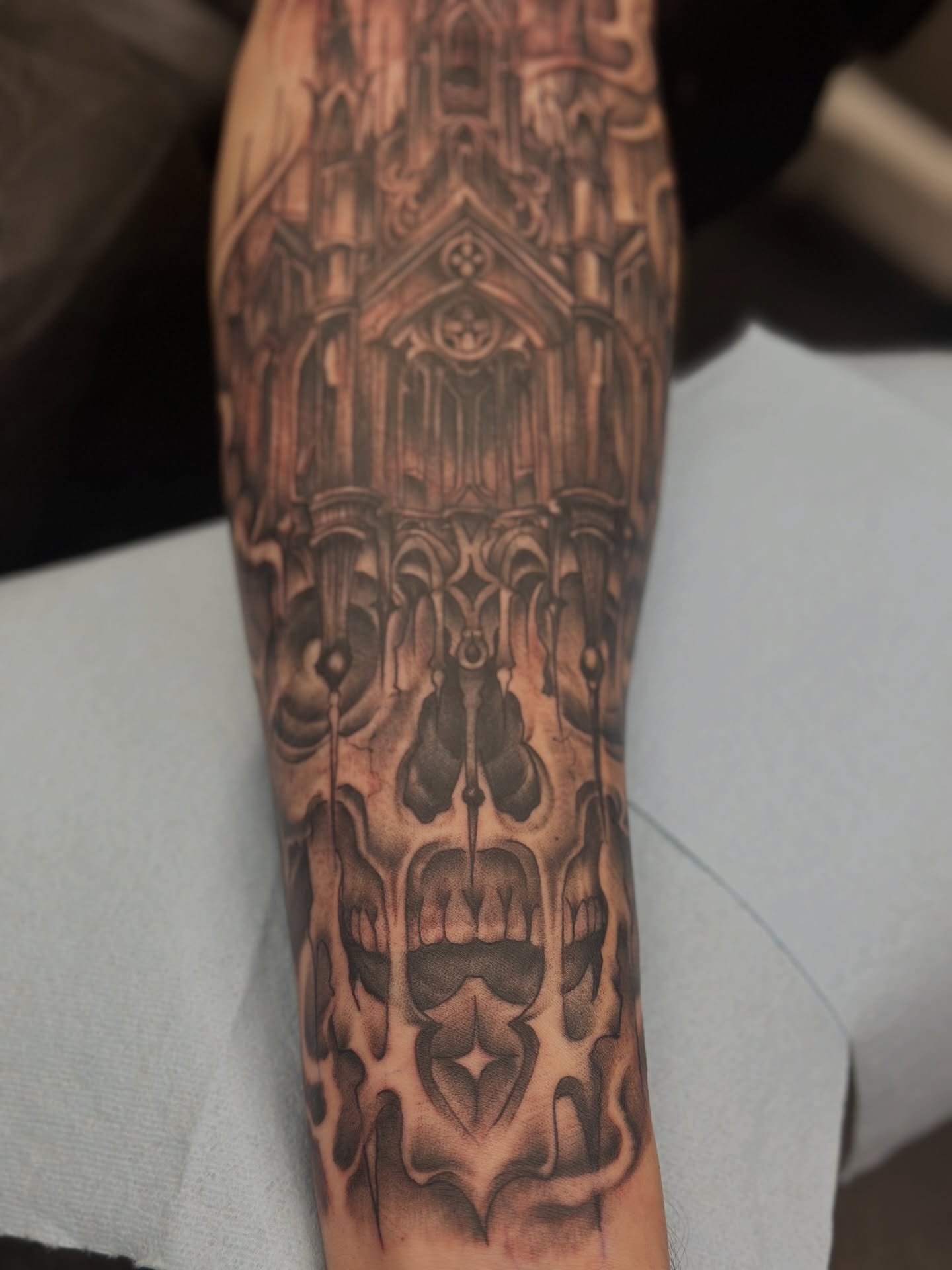 Gothic cathedral geometric tattoo on the forearm by Stevie O'Dell