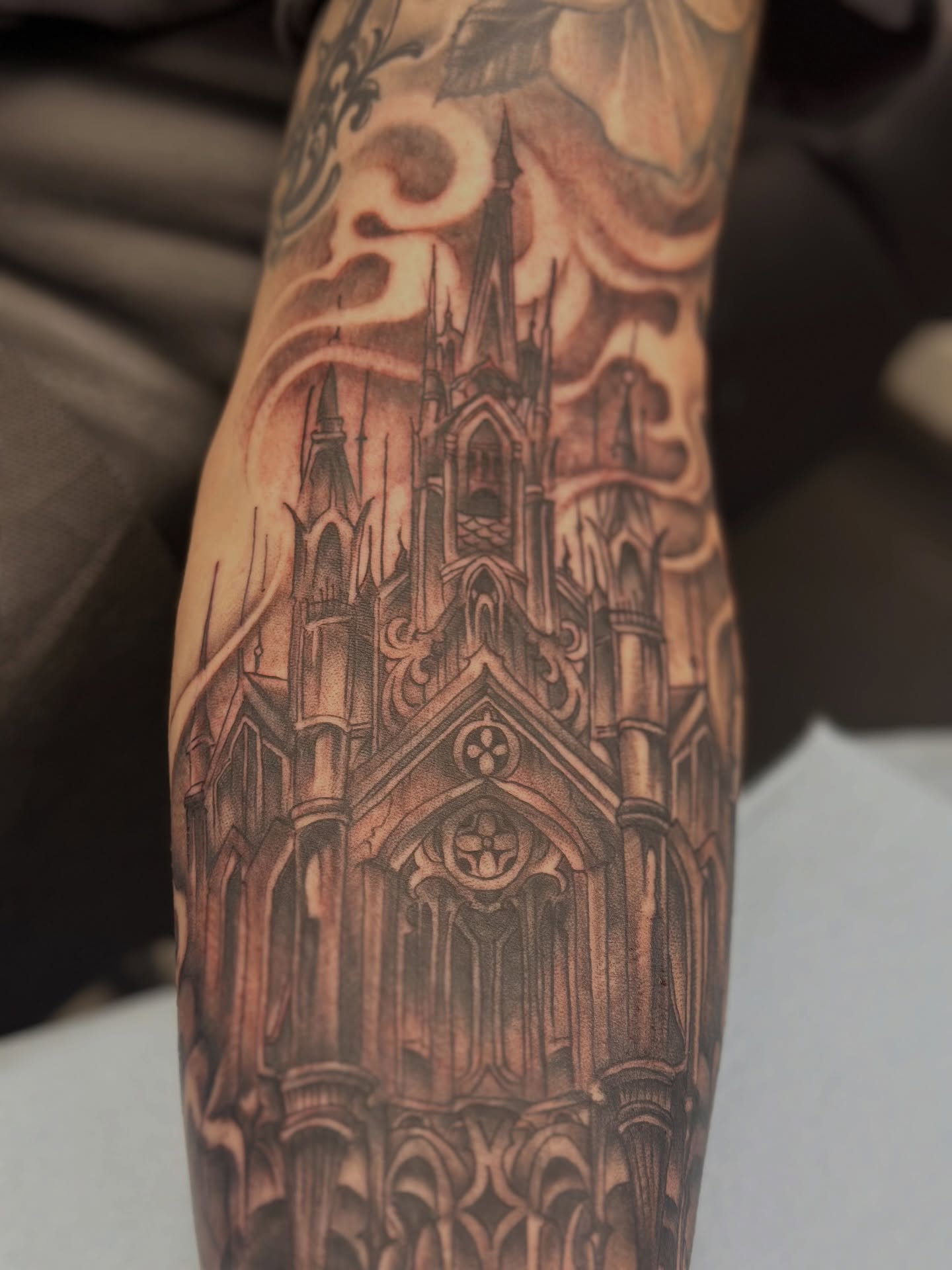 Gothic cathedral realism tattoo on the forearm by Stevie O'Dell