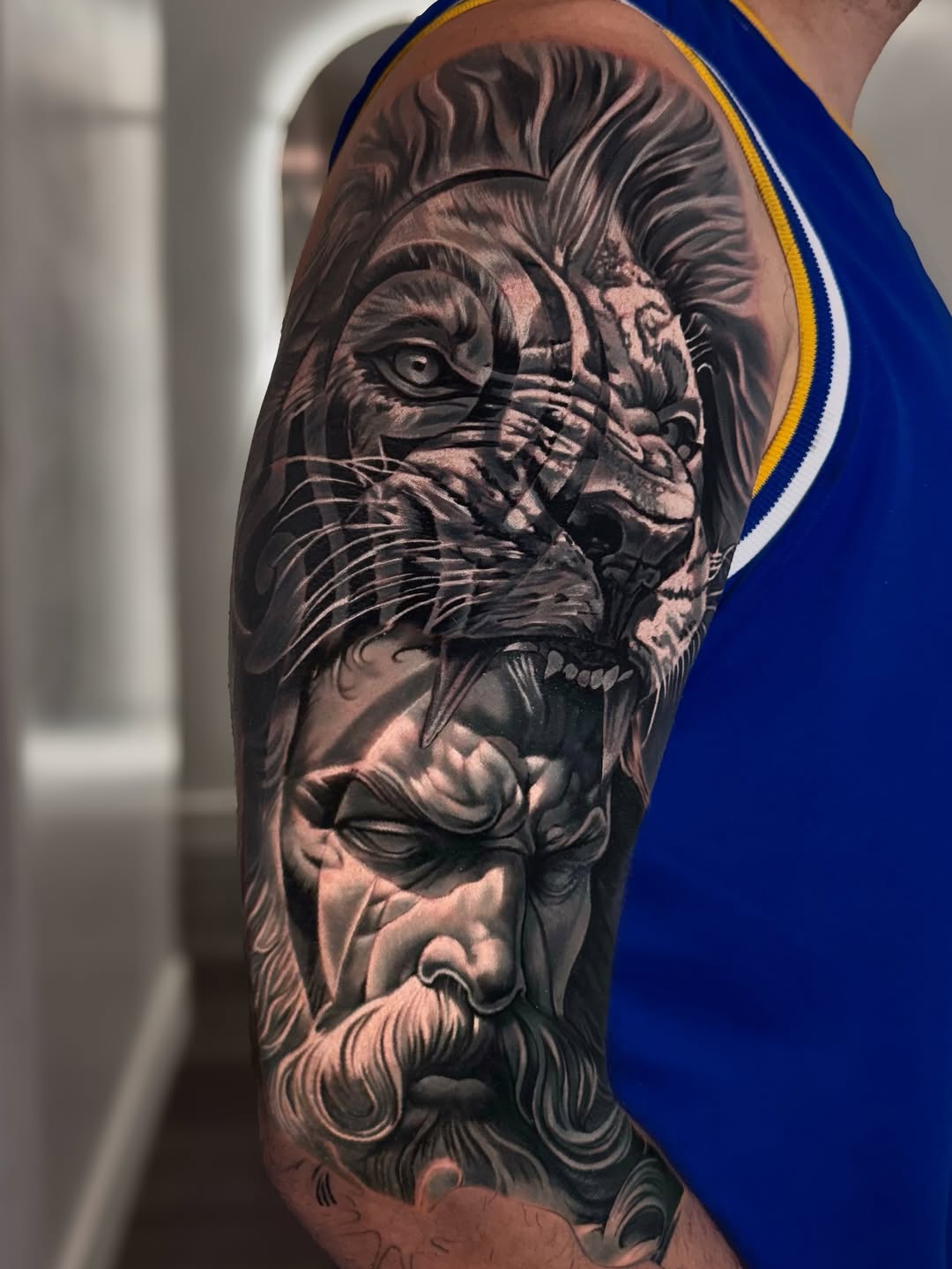 Lion and greek statue Japanese tattoo on the forearm by Luis Manuel Olivera, North Miami, Florida