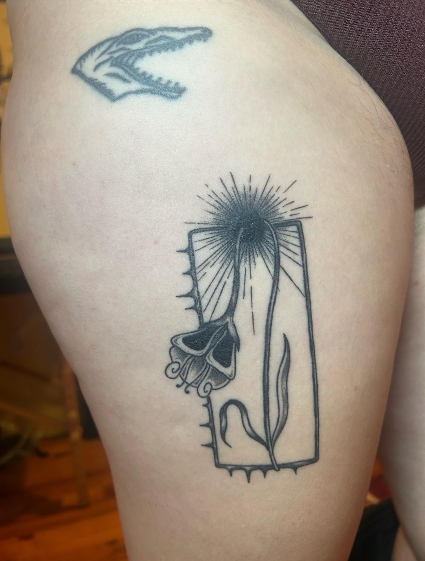 Dandelion black and grey tattoo on the thigh by ✧✦ ☻ ✦✧