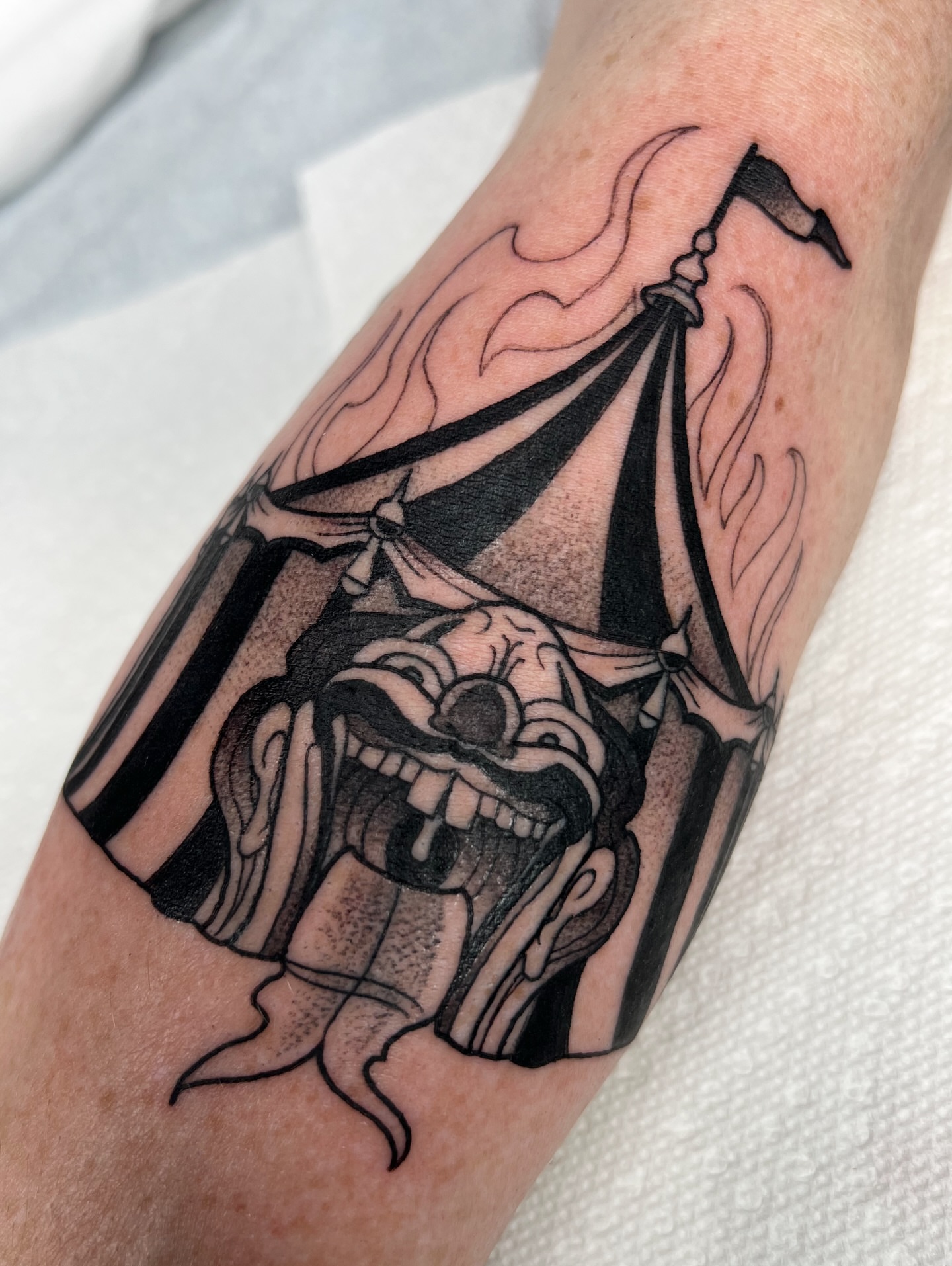 Pirate ship American traditional tattoo on the forearm by Nathan Garcia