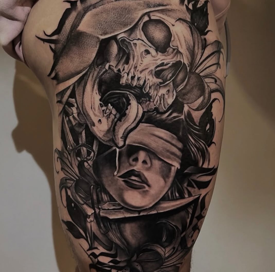 Woman with skull realism tattoo on the forearm by Dustin Kaiser, Mentor, Ohio