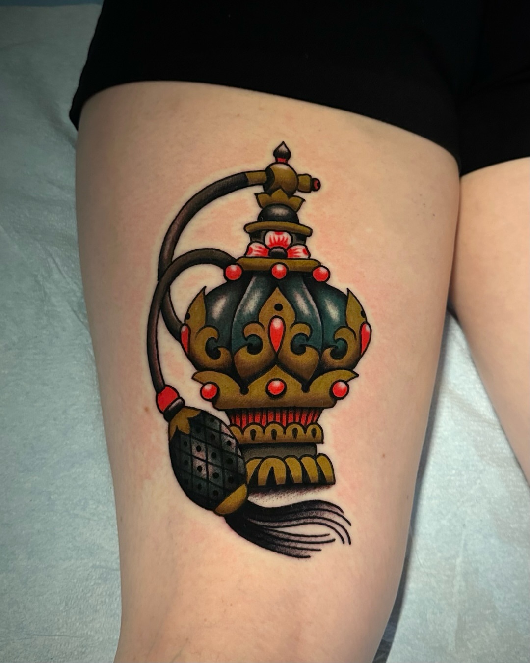 Crown American traditional tattoo on the thigh by Tony Perez- Austin Texas Tattooer