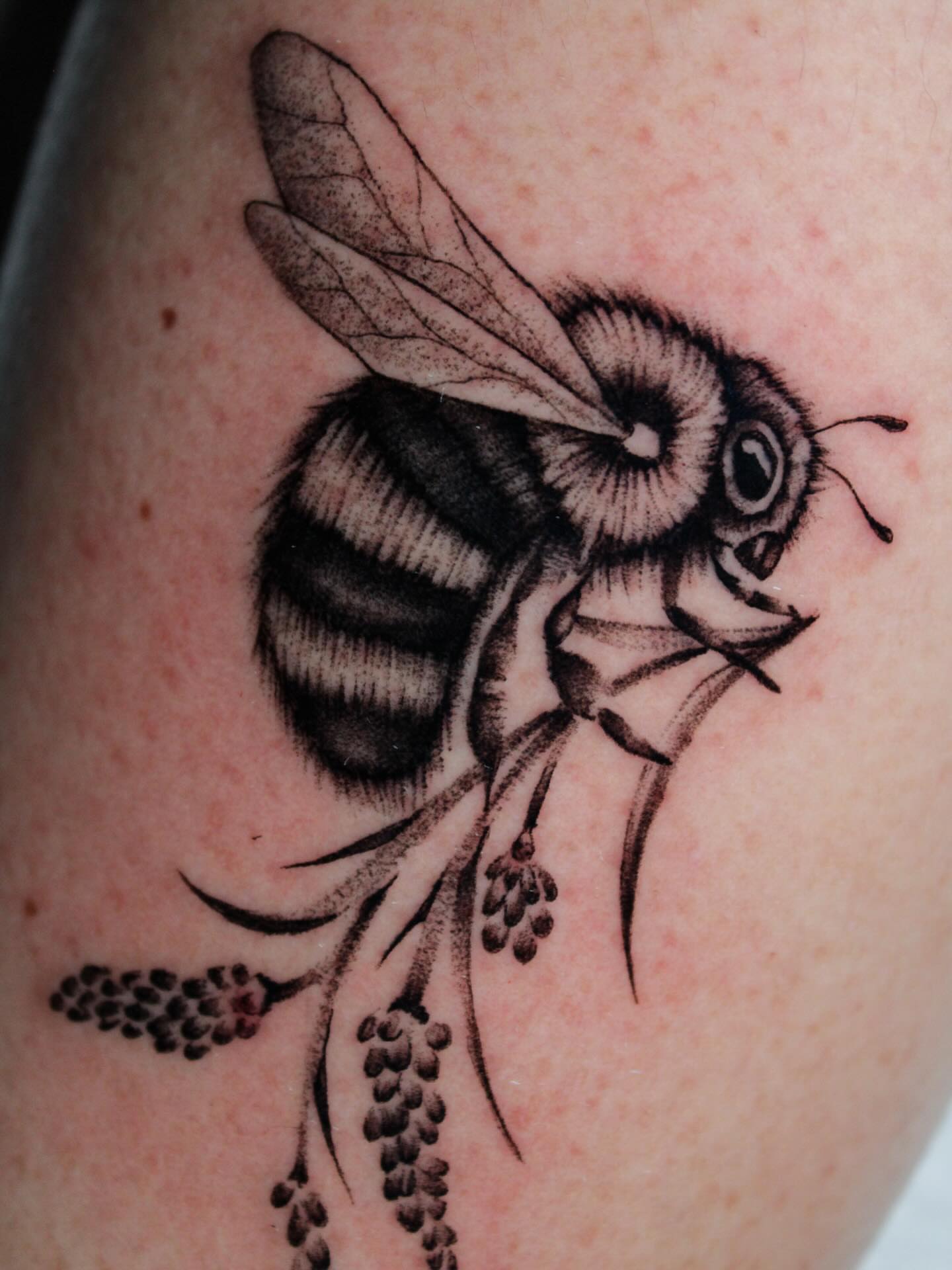 Bee black and grey tattoo on the upper arm by 𝕵𝖎𝖒𝖎 𝕯𝖊𝕽𝖔𝖘𝖆🥀, Everett, Washington