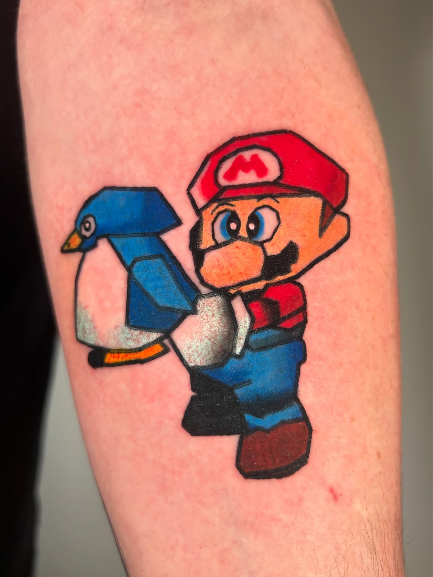 Mario and bird geometric tattoo on the forearm by Ollie