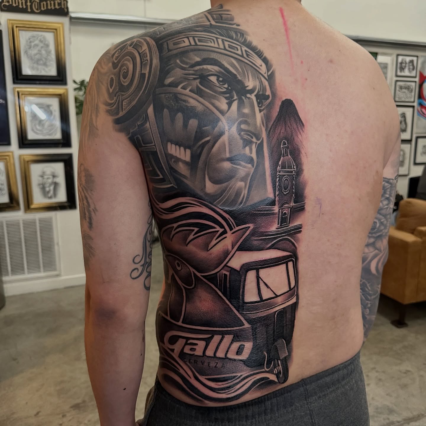 Mexican warrior realism tattoo on the back by Bigtoons21
