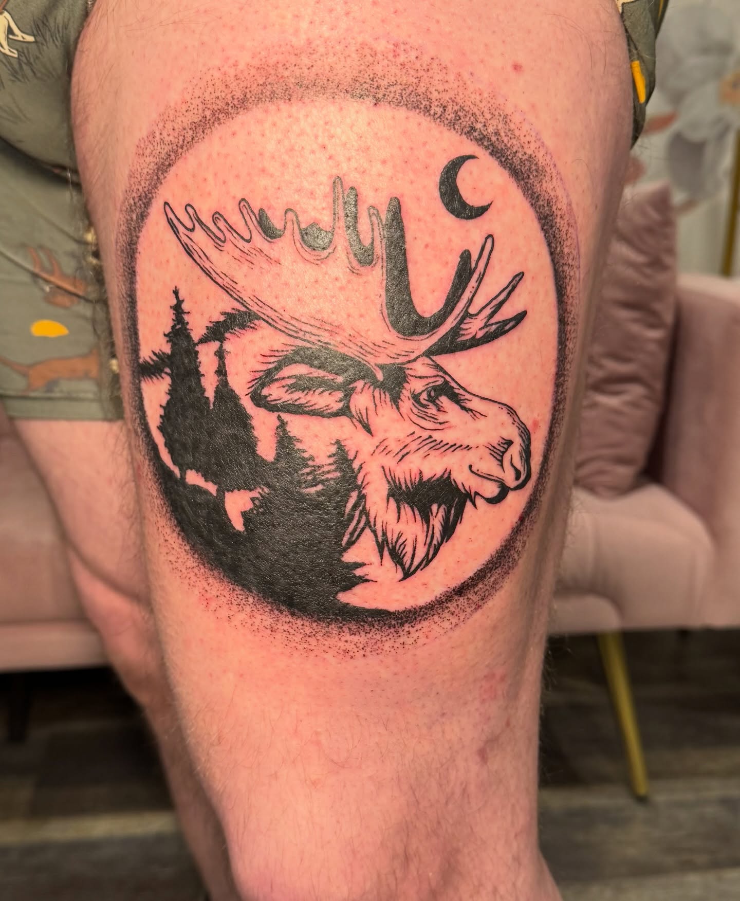 Moose head dotwork tattoo on the thigh by Kinzi Brown