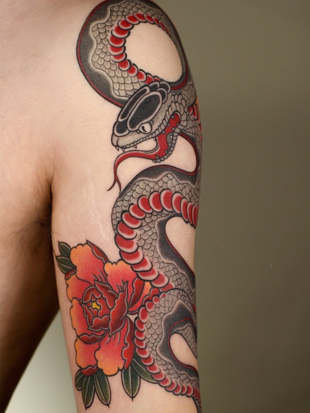Snake and peony American traditional tattoo on the forearm by ๐ก๐ฎ๐ป๐ฐ๐ โง ๐ก๐ฌ๐ ๐ง๐๐ง๐ง๐ข๐ข ๐๐ฅ๐ง๐๐ฆ๐งโง