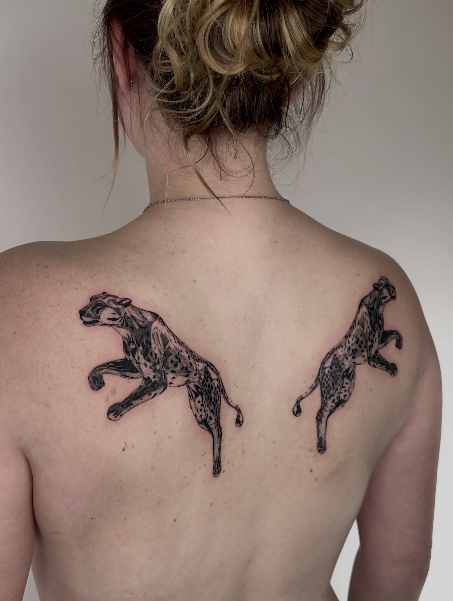 Cheetahs black and grey tattoo on the back by Kennedy Ramey