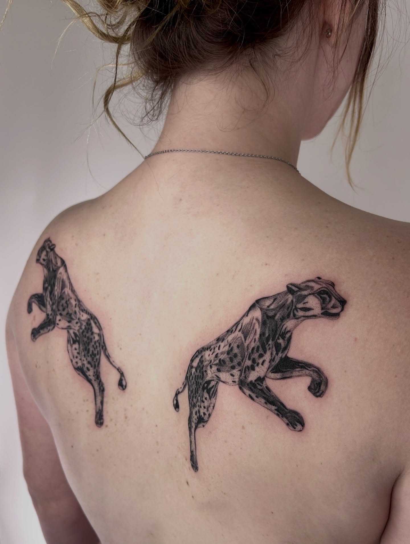 Cheetahs black and grey tattoo on the back by Kennedy Ramey