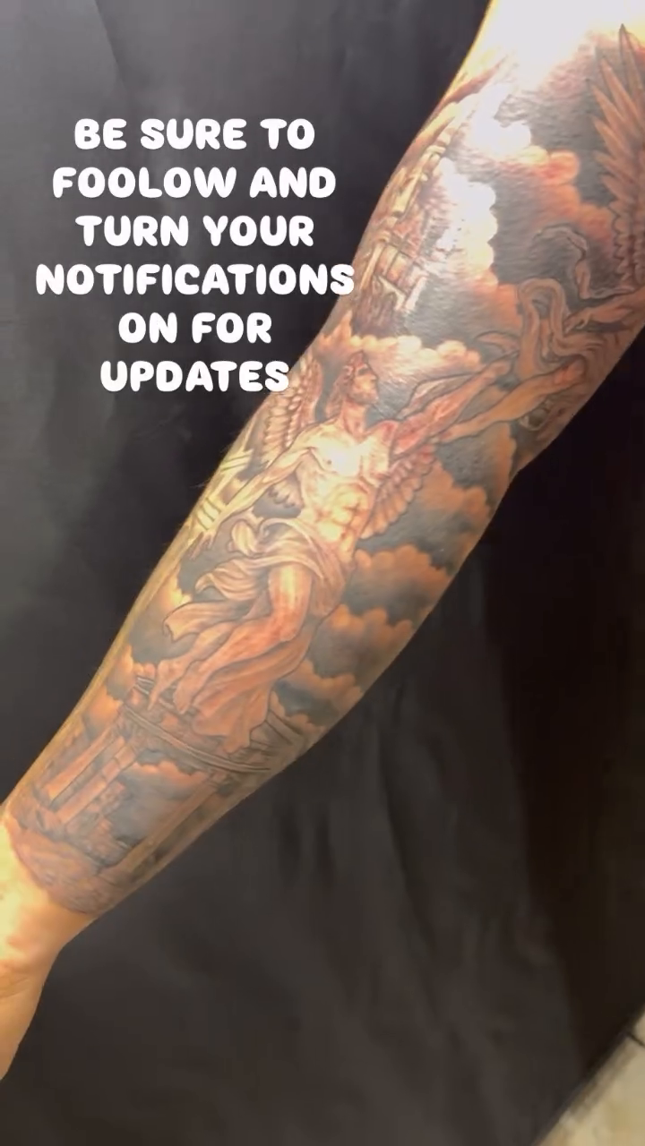 Angelic scene with clouds realism tattoo by Shane Montie, Killeen, Texas