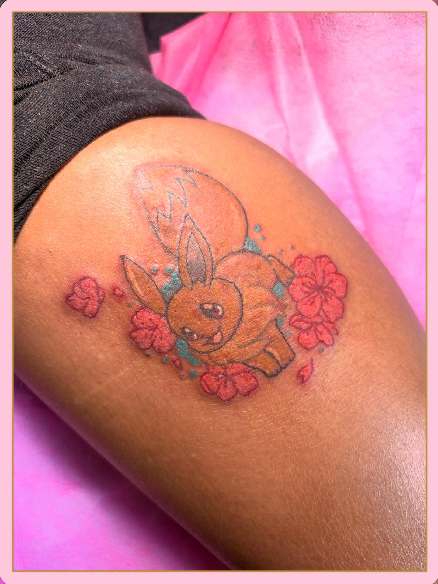Rabbit with flowers dotwork tattoo on the thigh by Sum'er Daize Tattoos