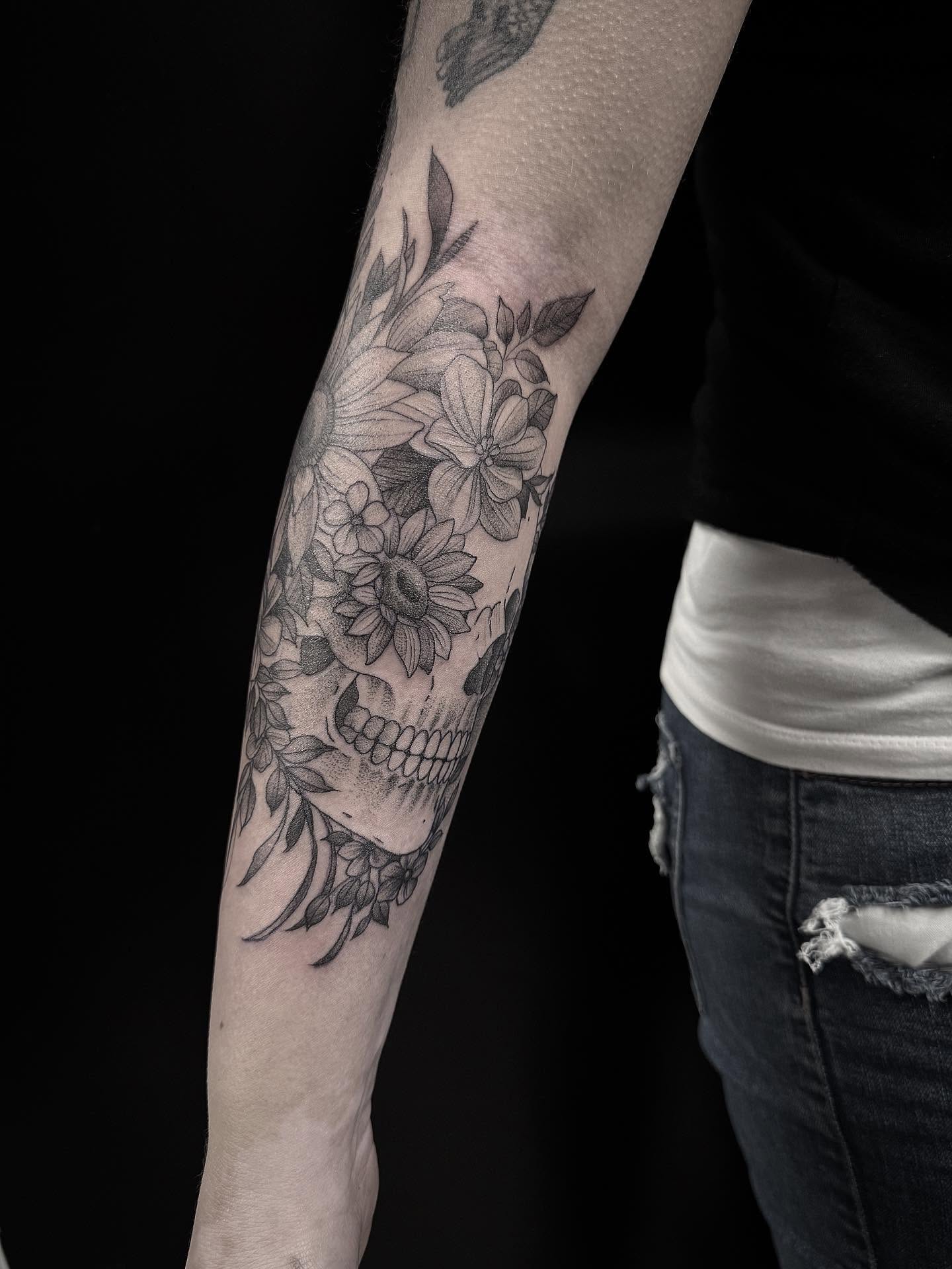 Floral skull black and grey tattoo on the forearm by Bethbeforedishonor, Rochester, New York