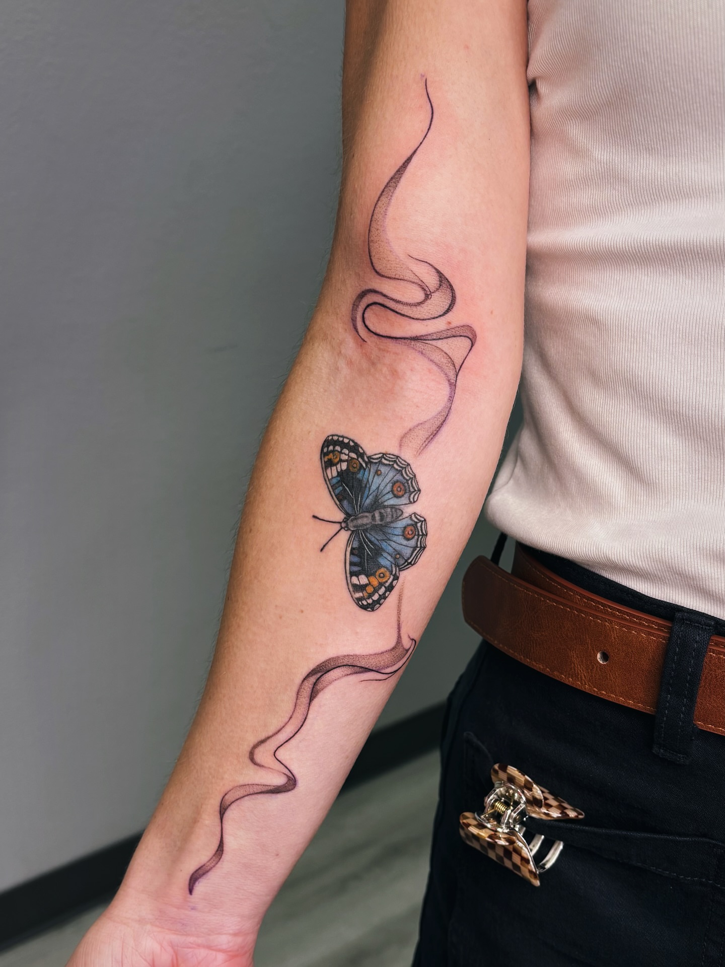 Butterfly realism tattoo on the forearm by Alexandria Gudiel