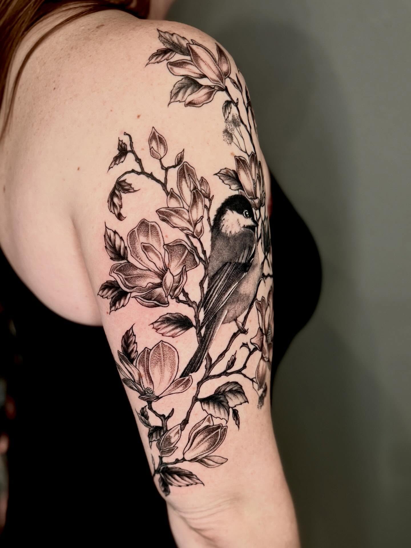 Bird and magnolia black and grey tattoo on the shoulder by Amber Starr, Midvale, Utah