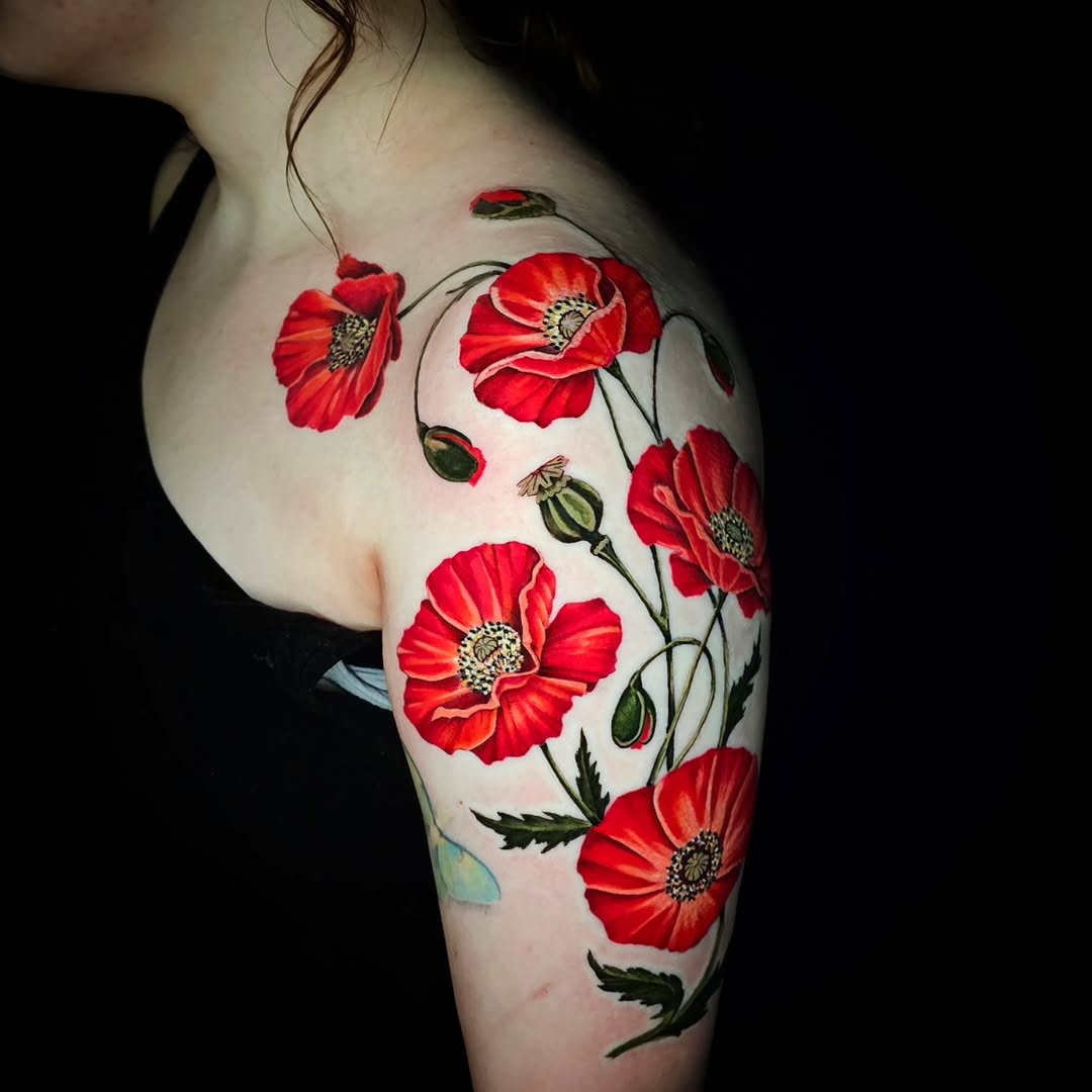 Poppies neo-traditional tattoo on the shoulder by Shar - Utah Tattoo Artist