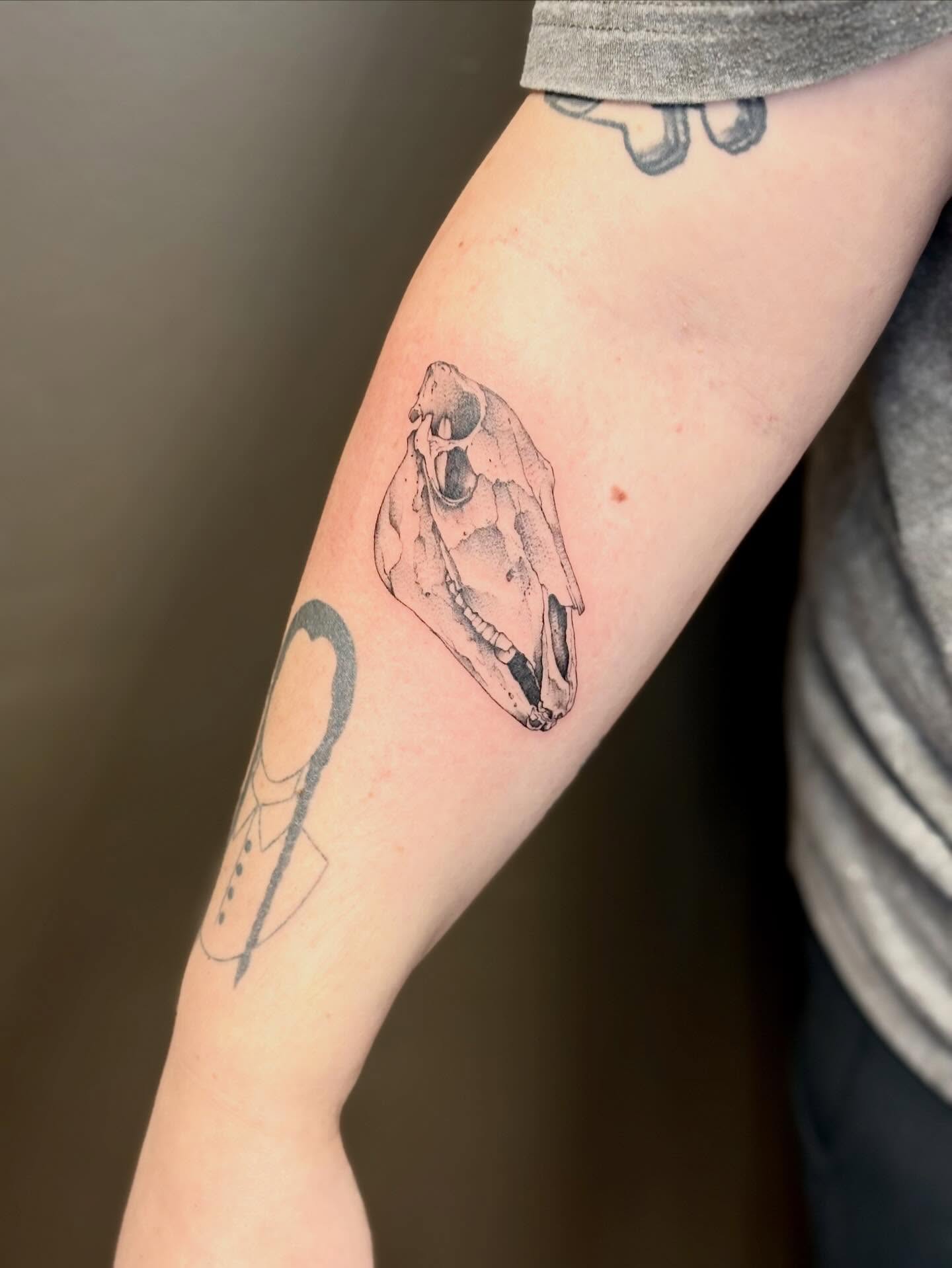 Wolf skull black and grey tattoo on the forearm by 🖤Sidney🖤