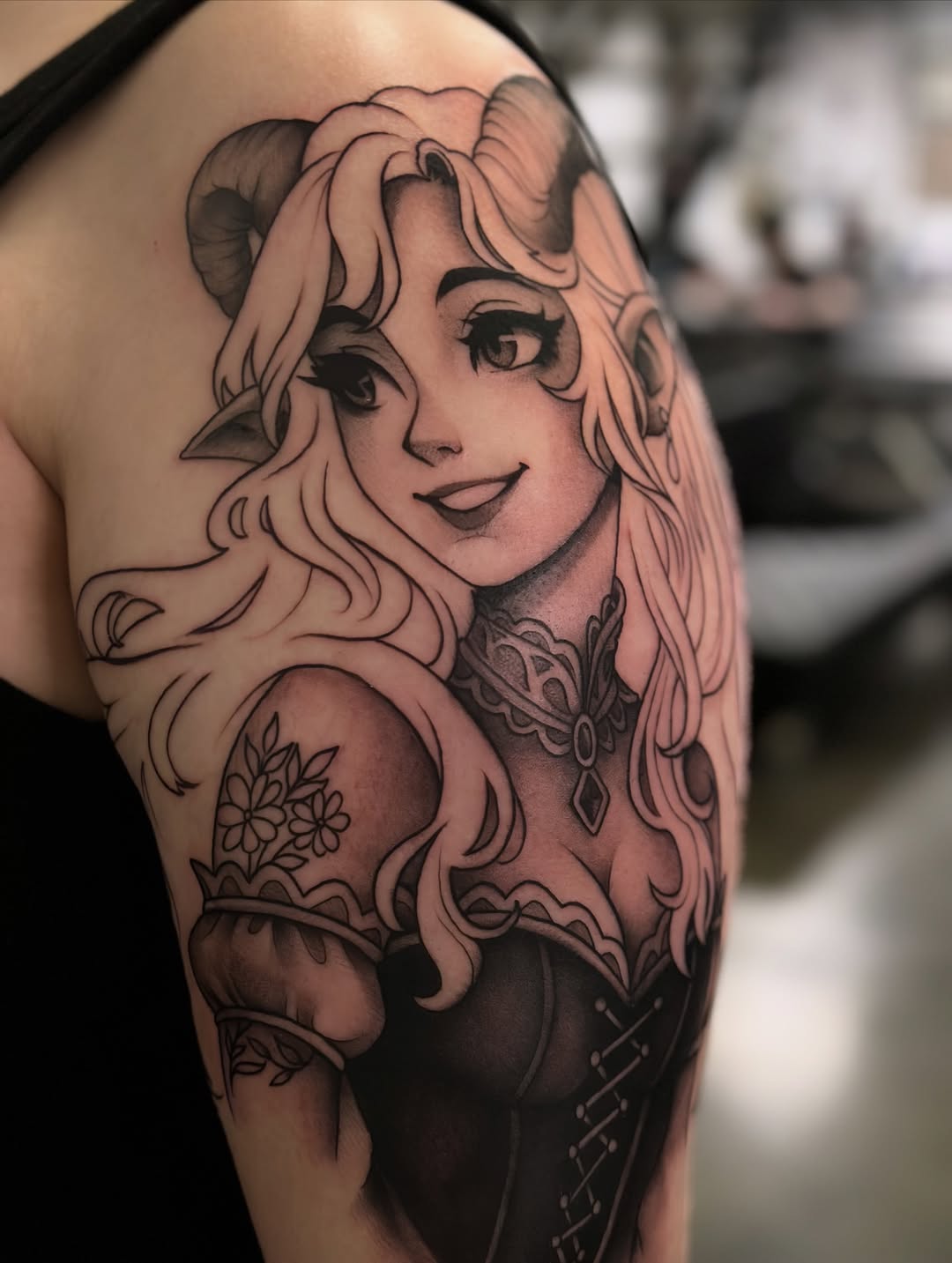 Tattoo by @tattoosbyaudi — anime, black_and_grey