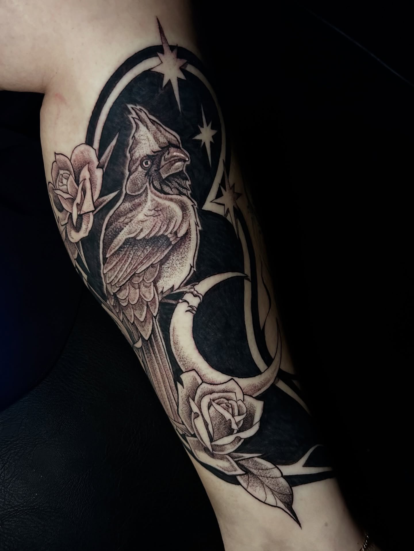 Bird and roses realism tattoo on the forearm by Mags🗡️