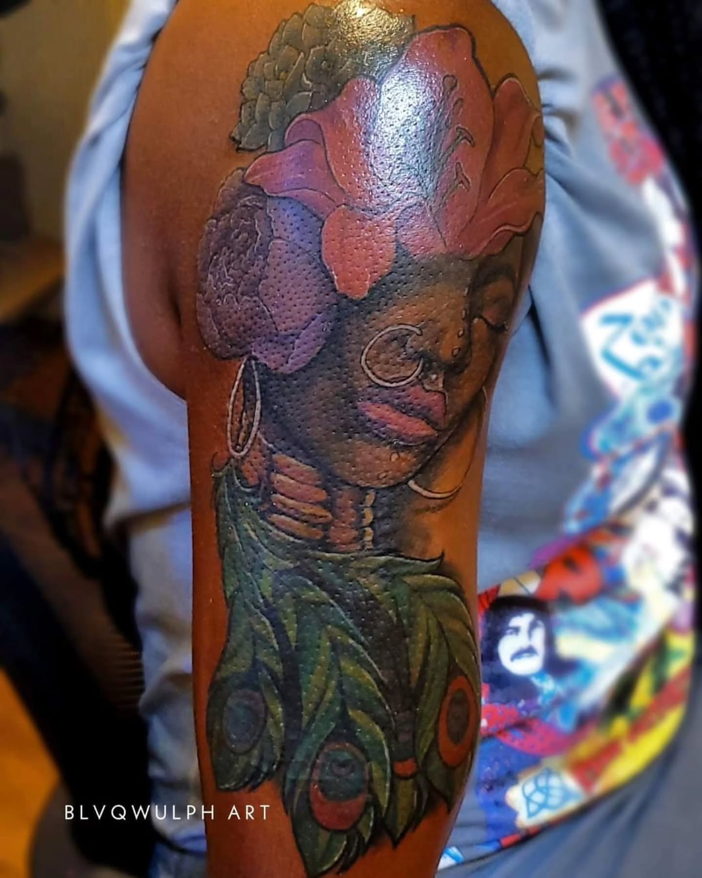 Woman with floral headdress dotwork tattoo on the forearm by ๐๐๐๐
