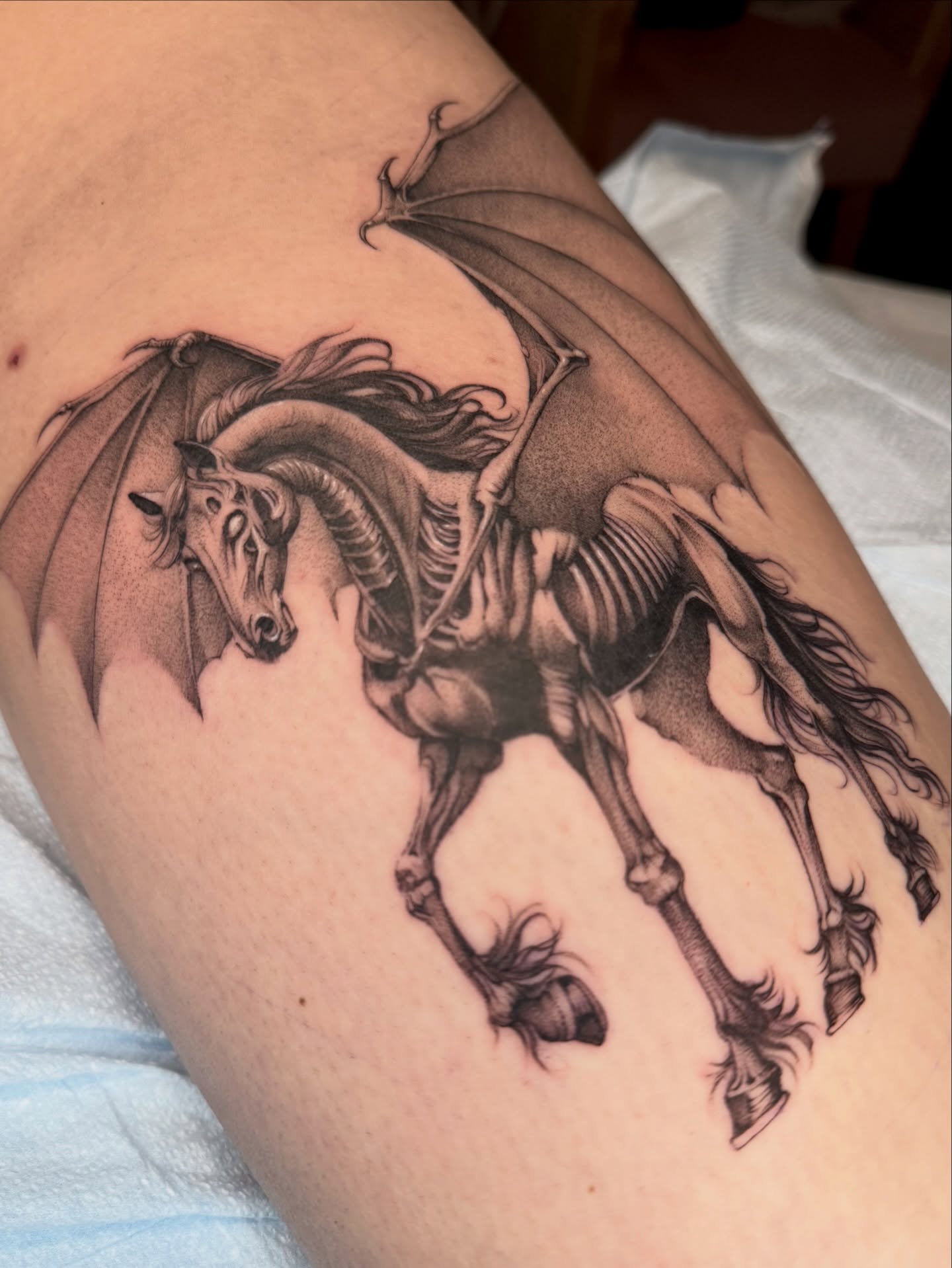 Winged horse skeleton realism tattoo on the thigh by Carla AKA Turnip girl