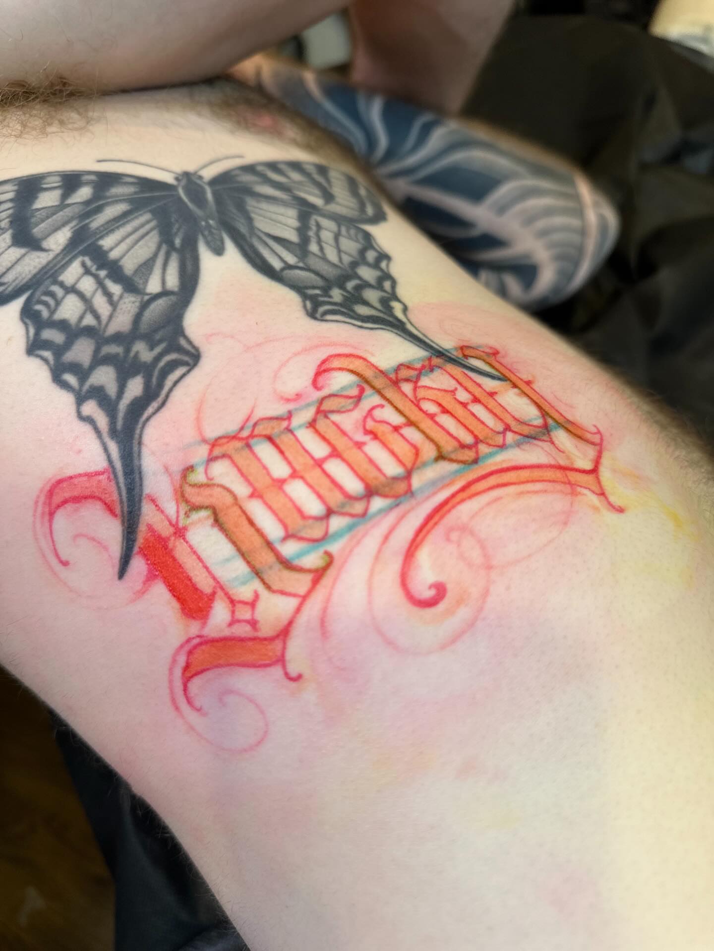 Butterfly and keyboard American traditional tattoo on the thigh by Tattoos By Deft
