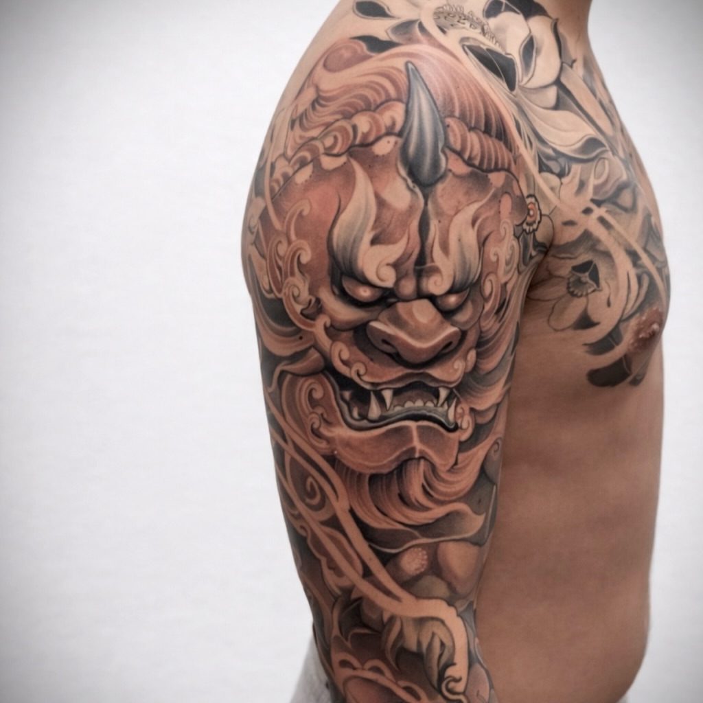 Demon mask japanese irezumi tattoo on the shoulder by Rocky Nguyen DFW Dallas Japanese