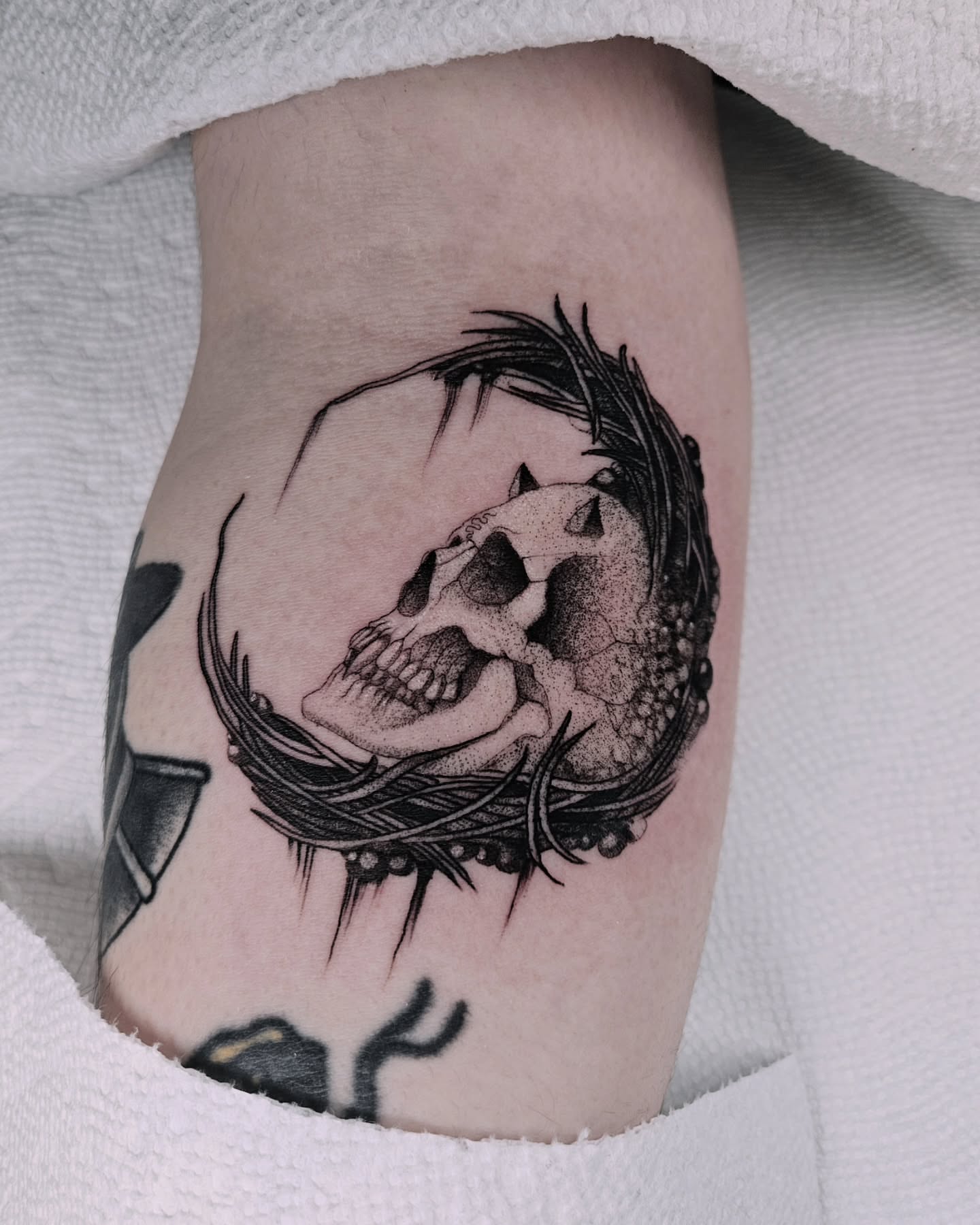 Tattoo by @fermented_ink — dotwork, black_and_grey