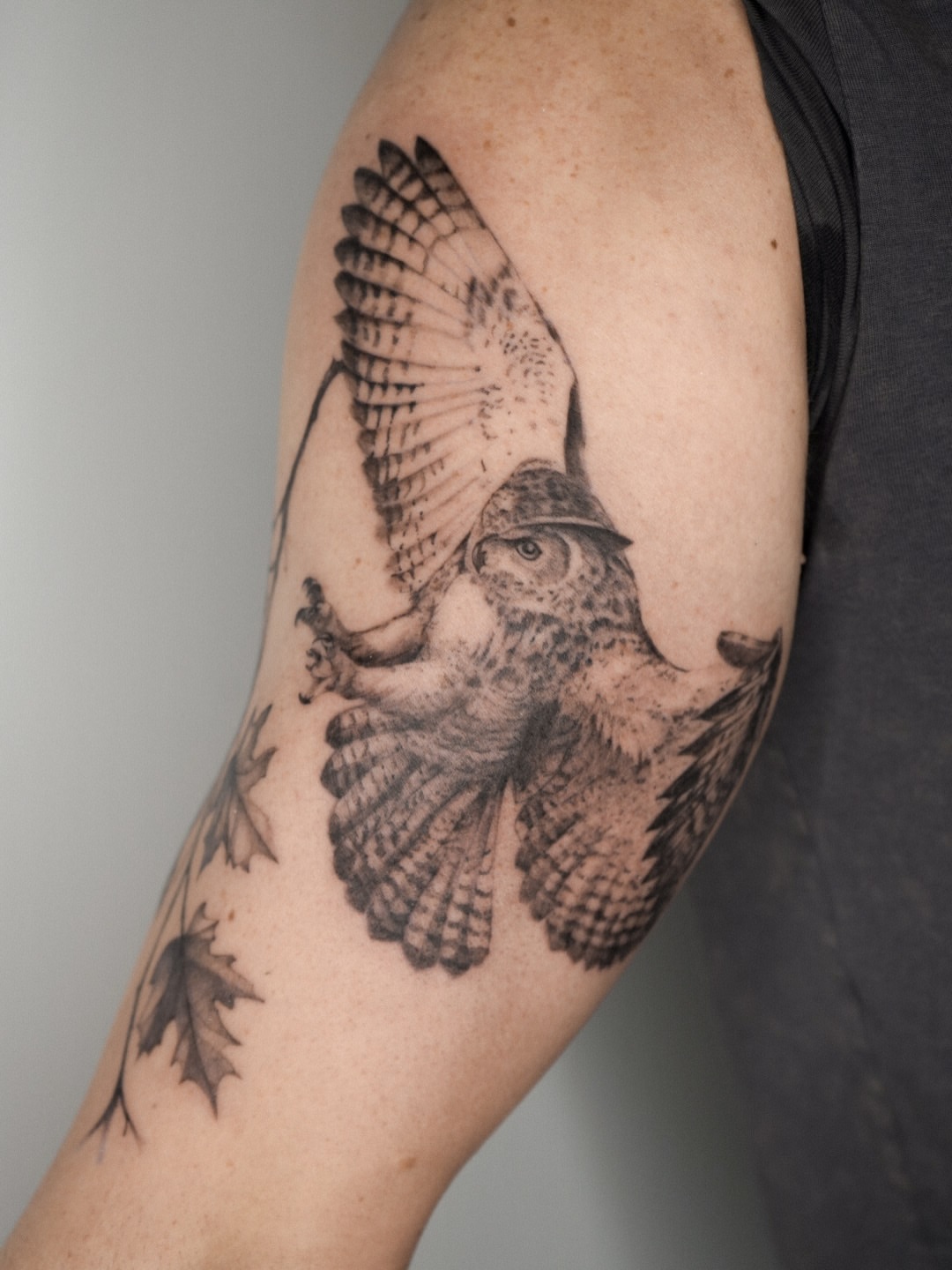 Owl realism tattoo on the forearm by Blackwork & microrealism tattoos