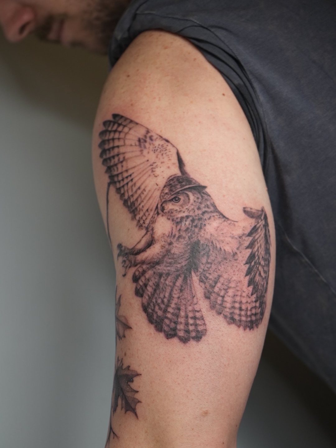 Owl black and grey tattoo on the shoulder by Blackwork & microrealism tattoos