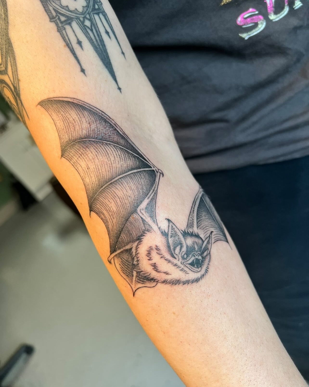 Bat black and grey tattoo on the forearm by ✶ H A N N A H K A y ✶