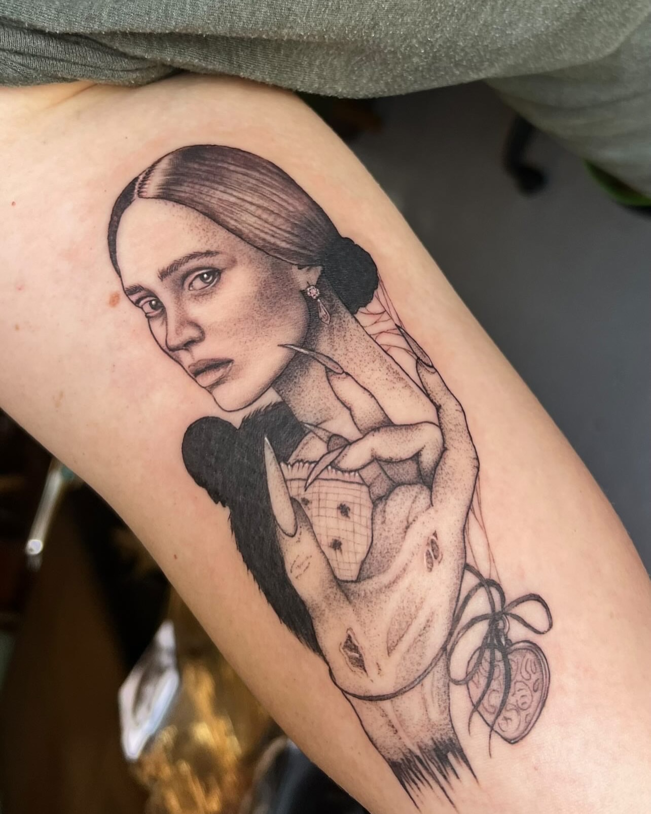 Portrait of a woman realism tattoo on the forearm by ✶ H A N N A H K A y ✶