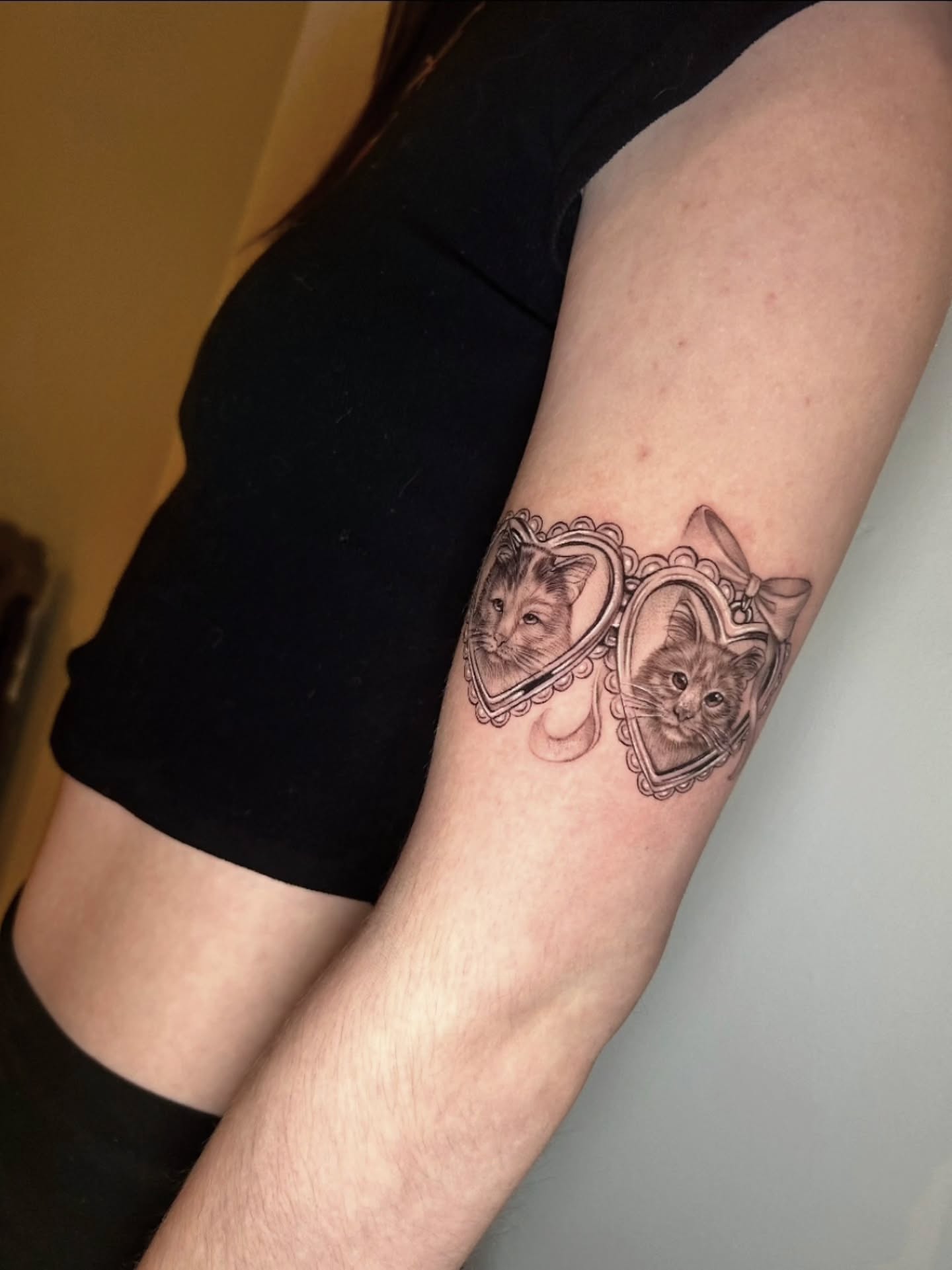 Cat portraits realism tattoo on the forearm by Lynx, Cincinnati, Ohio