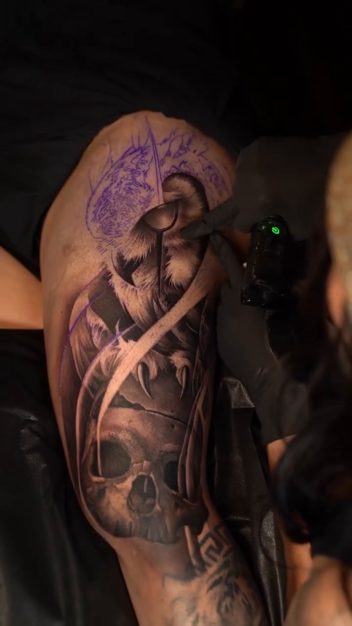 Skull and eagle dark realism tattoo by Risa