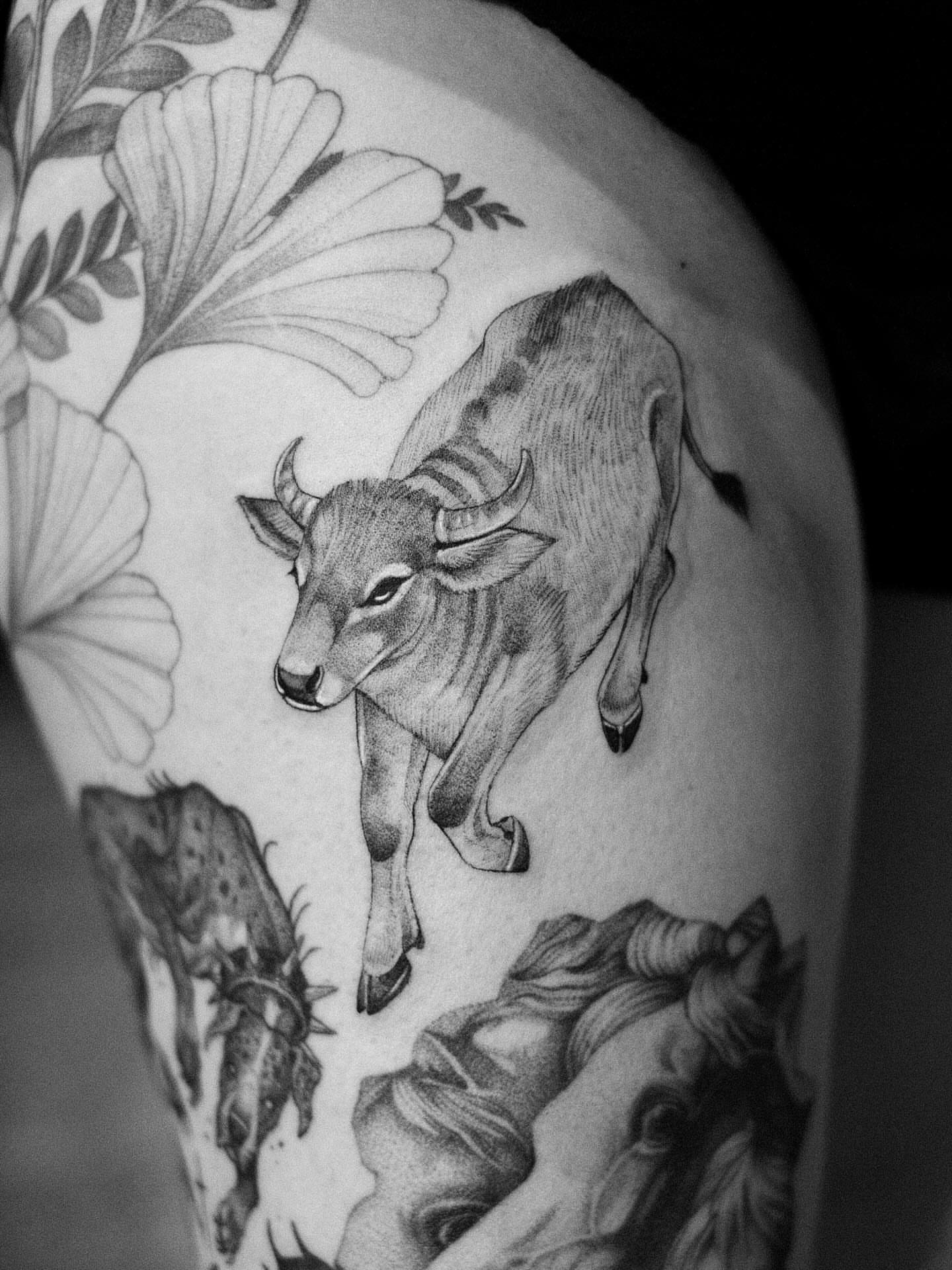 Bull and floral realism tattoo on the shoulder by Isabelle Kellar, San Diego, California