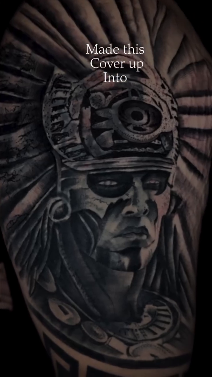 Aztec warrior sleeve realism tattoo by Henry Fuentes