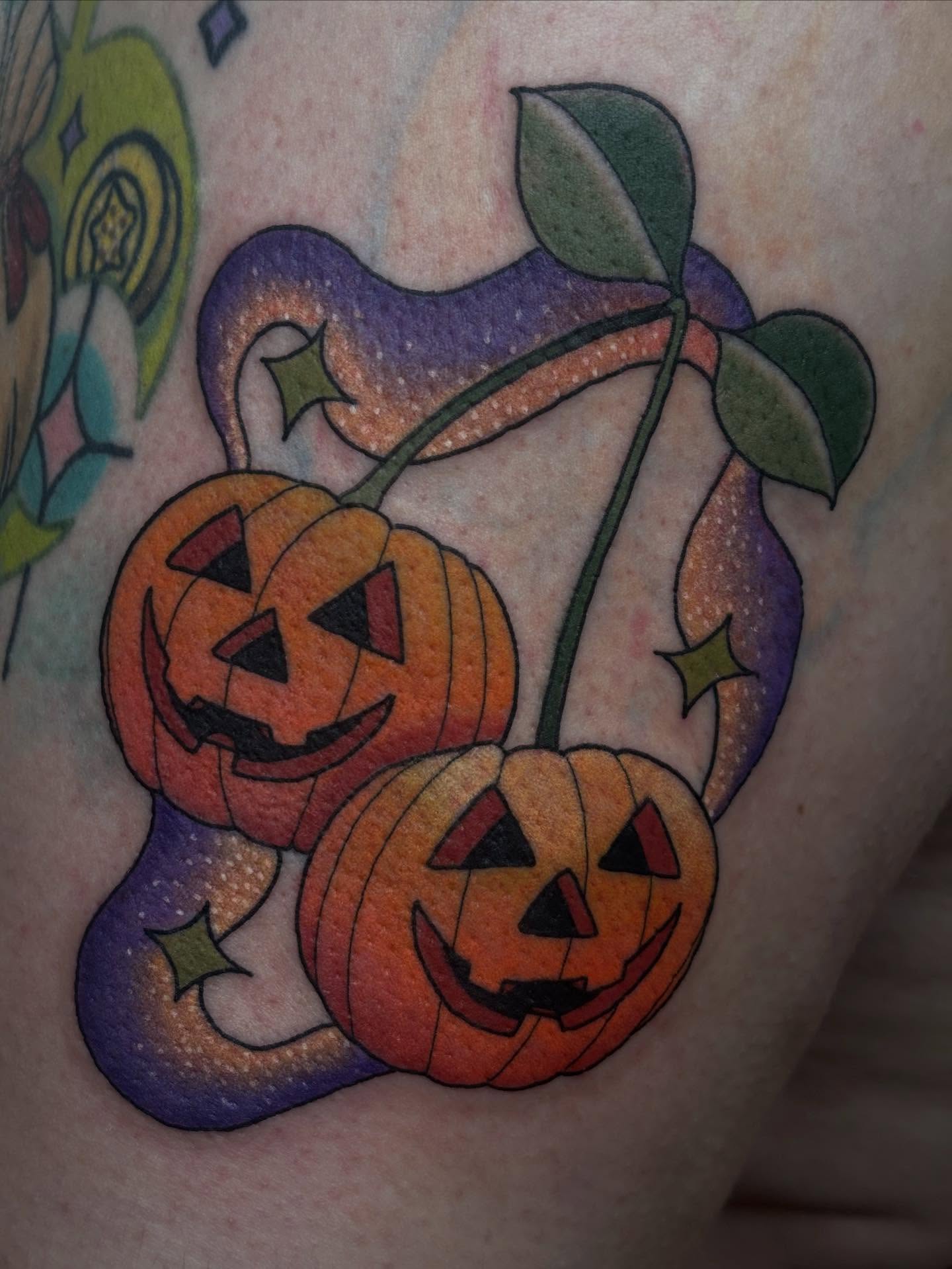 Jack-o'-lanterns American traditional tattoo on the thigh by š¤Madeline Kristenš¤, Somerset, Wisconsin