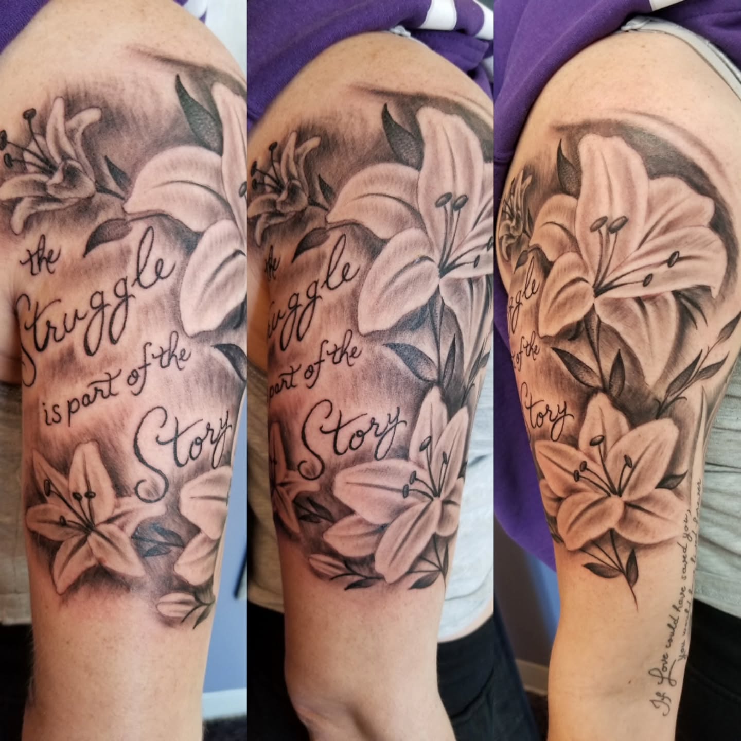 Lilies and script black and grey tattoo on the forearm by Dennis Foust